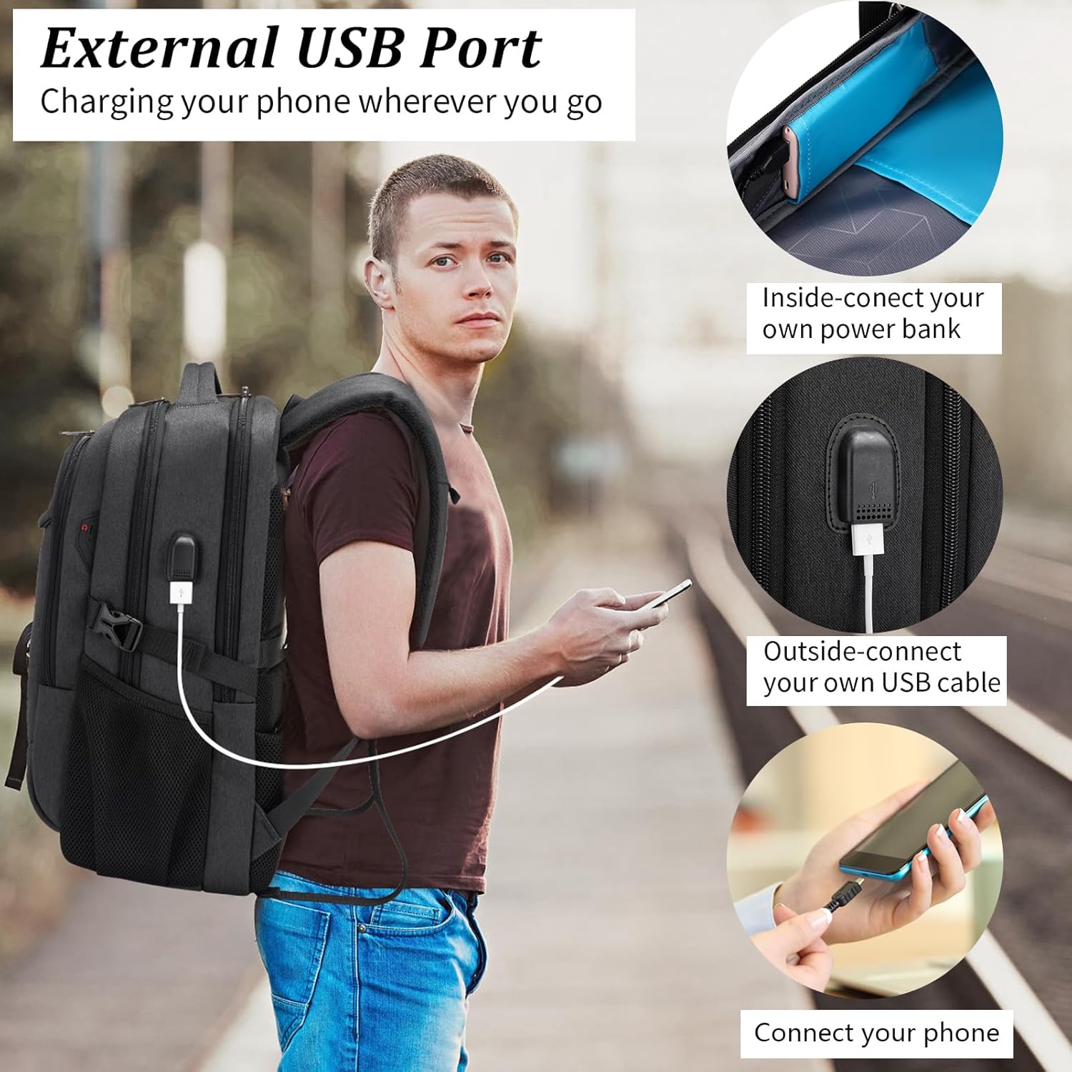 DUSLANG 17 Inch Laptop Backpack for Travel Water Resistant College Backpack for Men/Women Laptop Bag with USB Charging Port,Black - Image 7