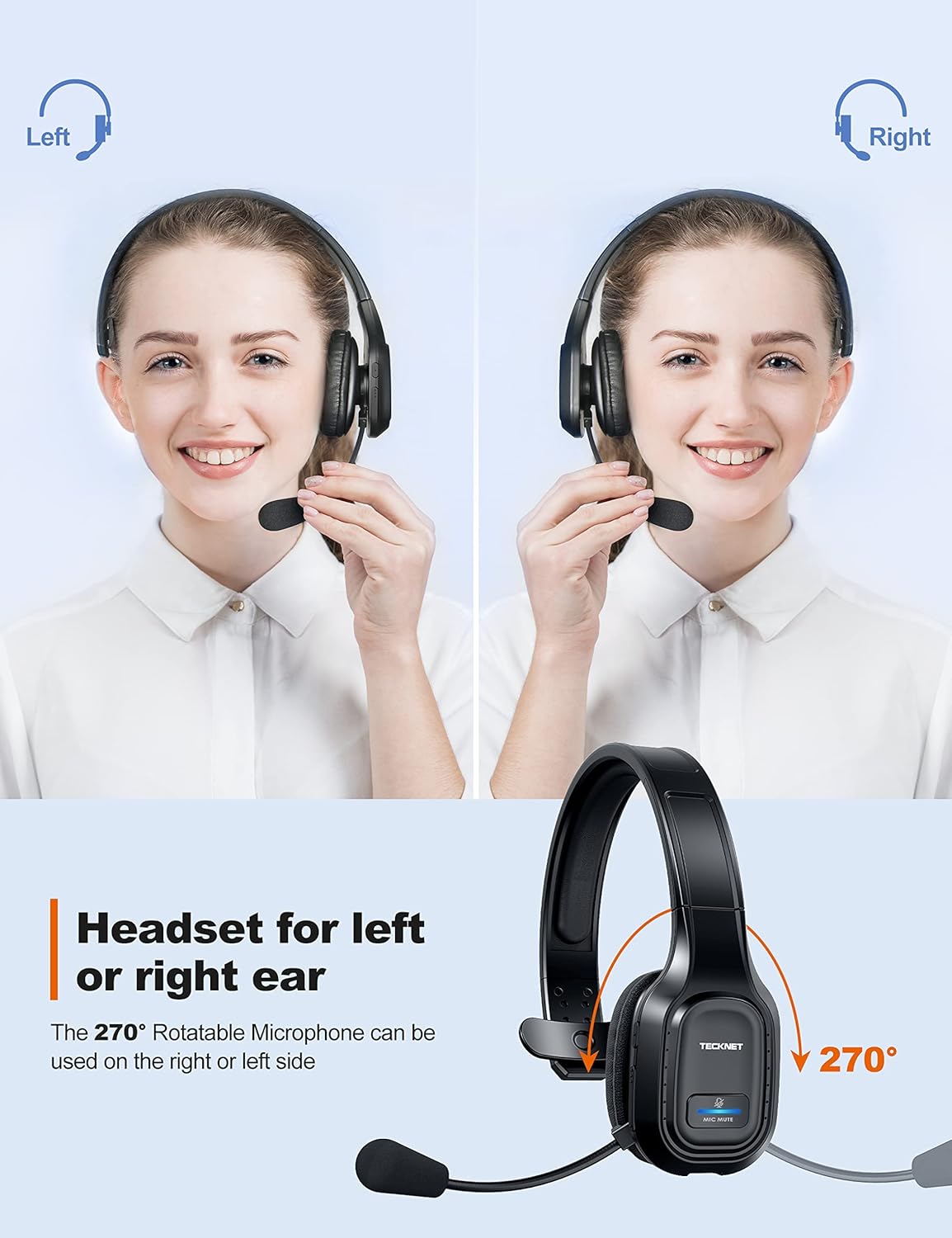TECKNET Trucker Bluetooth Headphones with Microphone Noise Canceling Wireless On Ear Headset, Hands Free Wireless Headset for Cell Phone Computer Office Home Call Center Skype (Black) - Image 5