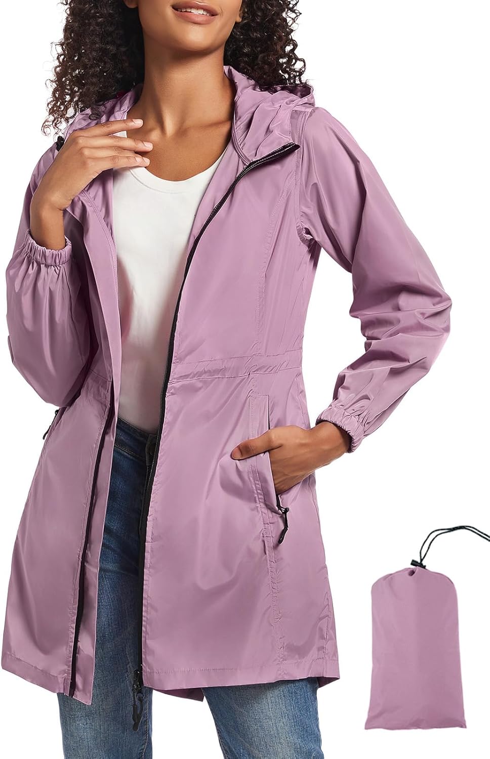 SaphiRose Women's Long Packable Raincoat Waterproof Rain Jacket Lightweight Outdoor Windbreaker with Hood - Image 2