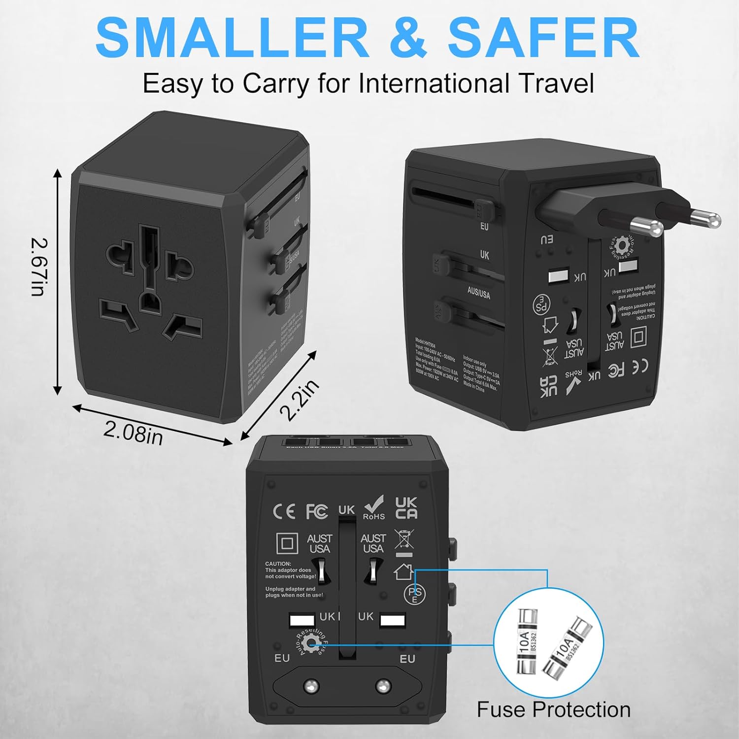 Universal Travel Adapter, 6-Port 6.0A 30W International Power Adapter with 4 USB-A, 2 USB-C Ports & 1 AC Outlet, European Travel Plug Adapter Travel Essentials(Type C/G/A/I) - Image 3