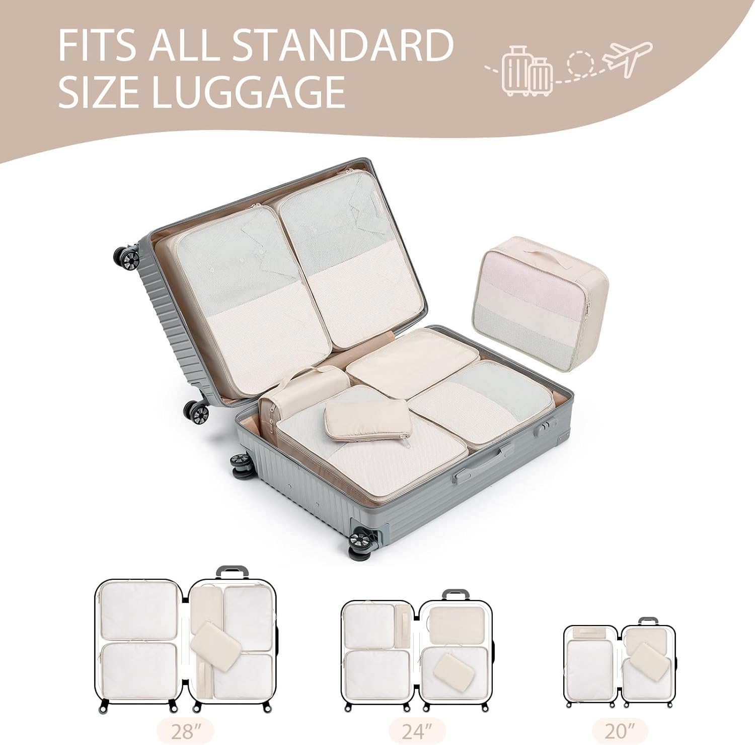 DIMJ Packing Cubes for Travel - 8 Pcs Lightweight Travel Cubes for Packing, Mesh Travel Packing Cubes Travel Packing Organizers with Large Toiletries Bag (Beige) - Image 5