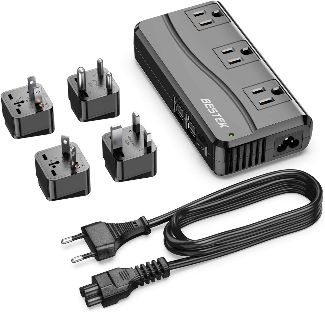 BESTEK Universal Travel Adapter 100-220V to 110V Voltage Converter 250W with 6A 4-Port USB Charging 3 AC Sockets and EU/UK/AU/US/India Worldwide Plug Adapter (Black) - Image 2