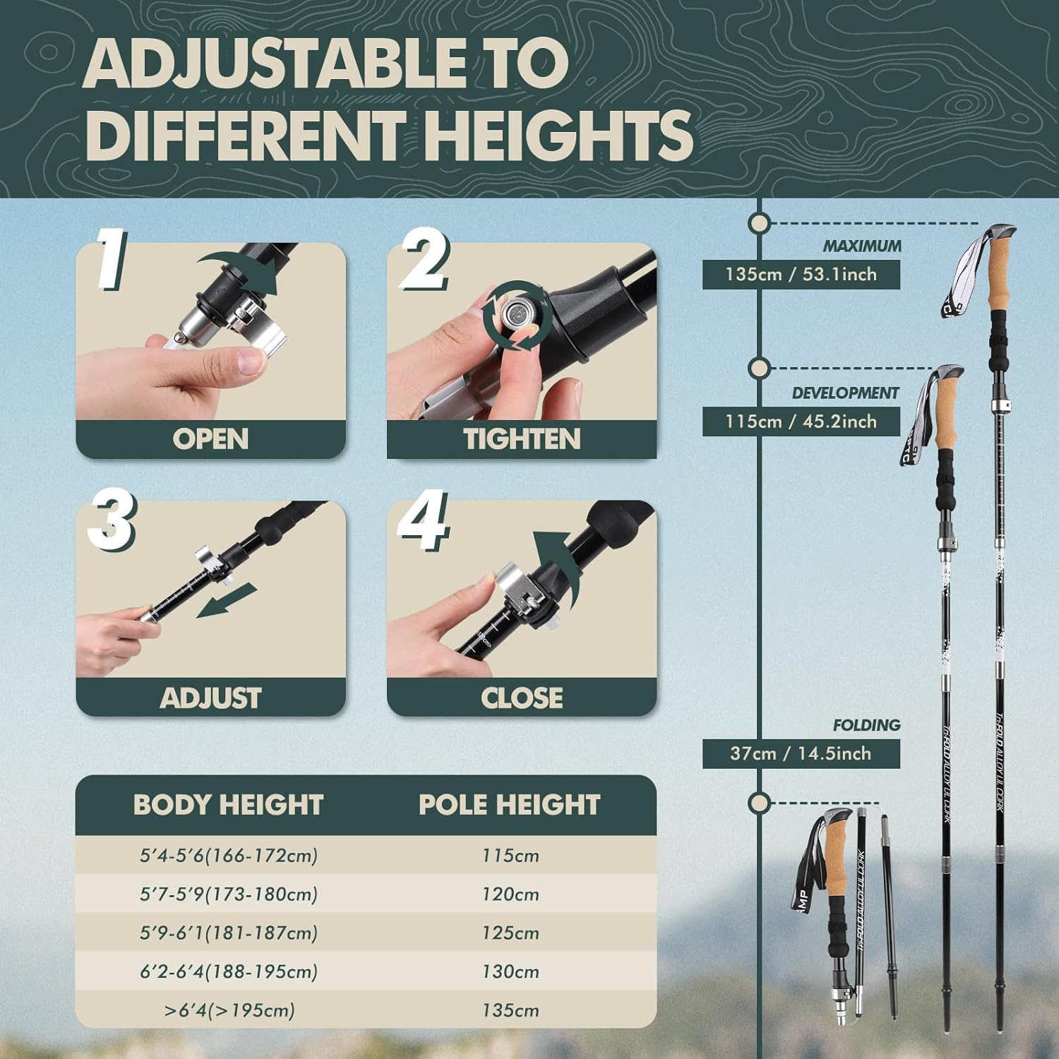 GPTCAMP Nordic Walking Stick, TPZ-1, 2pc Folding Collapsible Hiking Poles with Metal Quick Lock, Cork Handle, Lightweight 7075 Aluminum Trekking Poles for Seniors Women Men Hiking Gear - Image 4