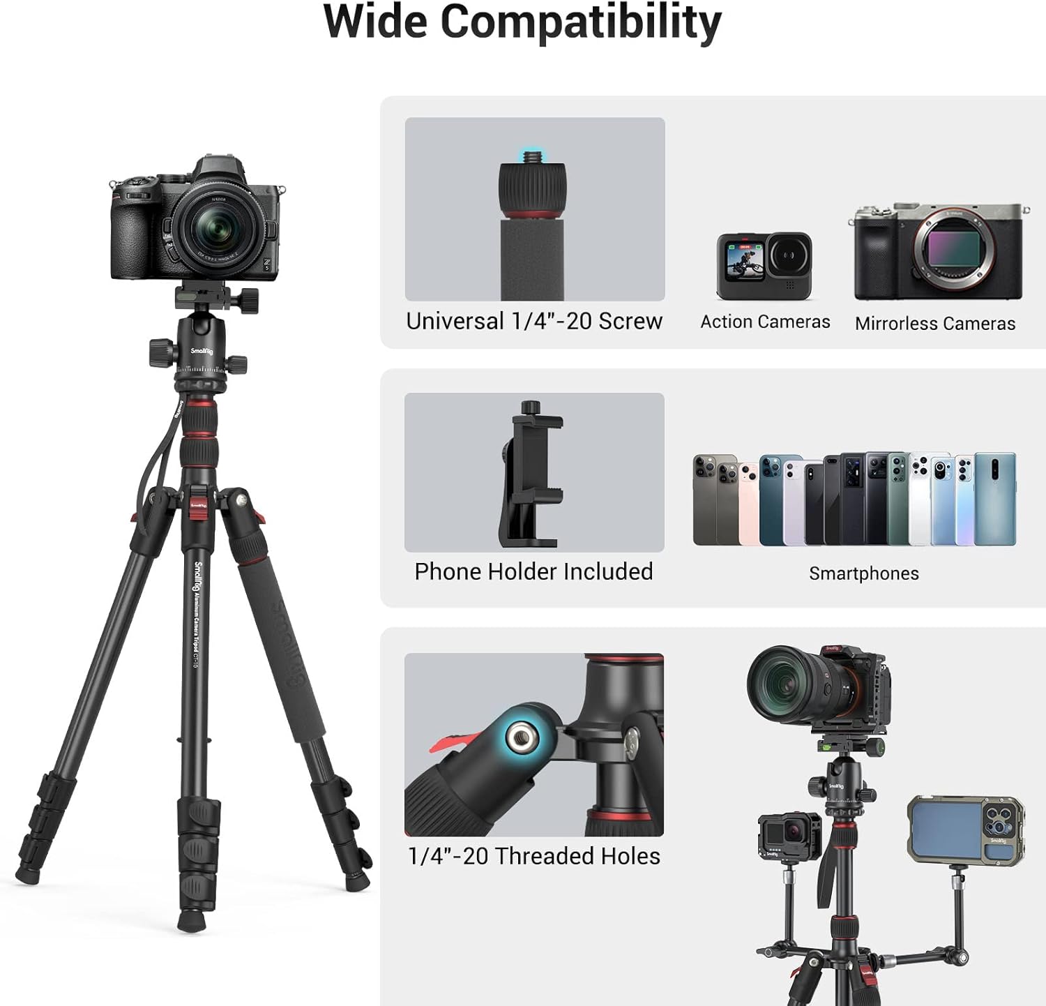 SmallRig Camera Tripod, 71" Foldable Aluminum Tripod/Monopod, 360°Ball Head Detachable, Payload 33lb, Adjustable Height from 16" to 71" for Camera, Phone - Image 9