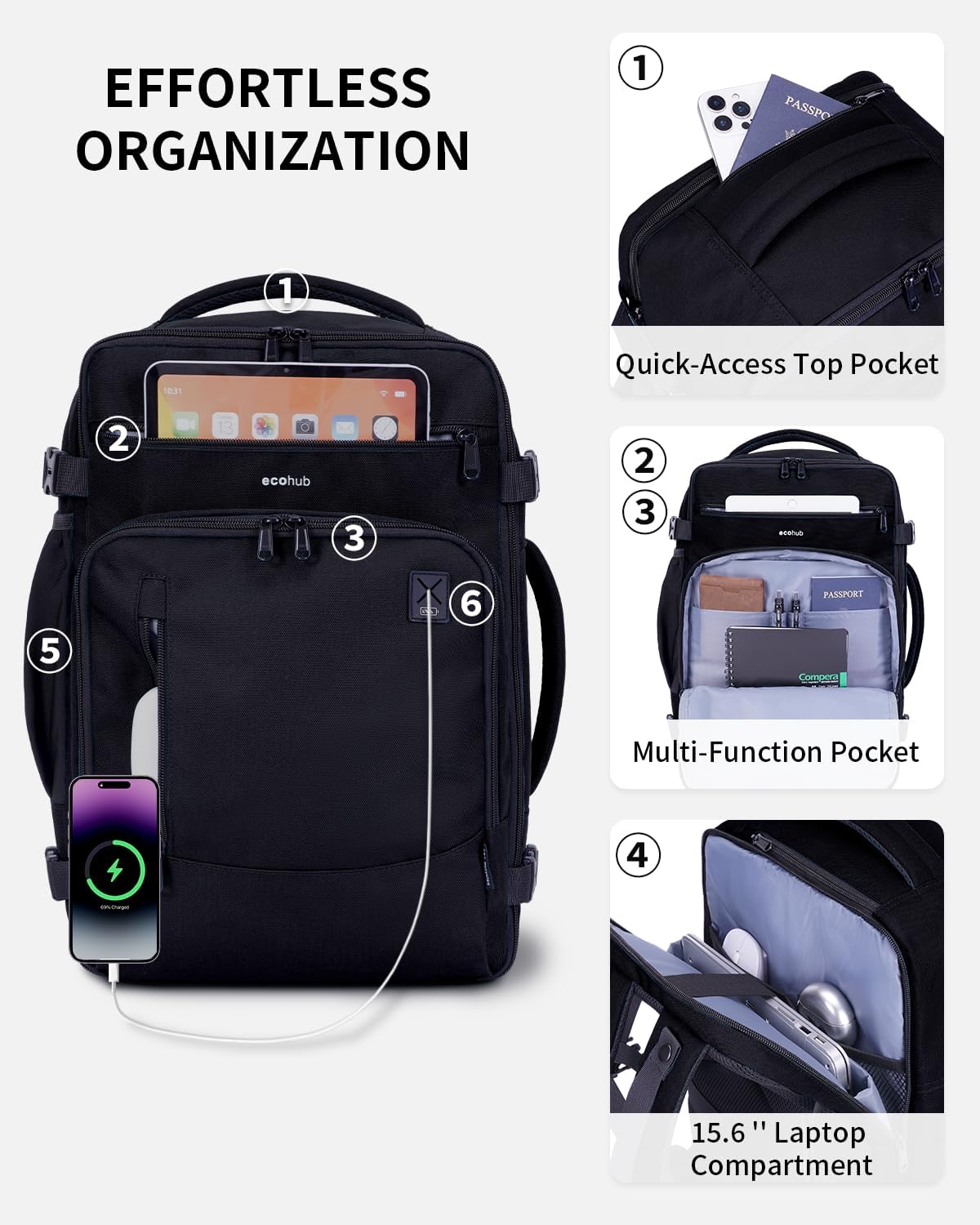ECOHUB 17" Small Travel Backpack, United Airlines Personal Item Bag 17x10x9 with 16 Pockets, Water Resistant Rucksacks Fit 15.6" Laptop, AirTag Pocket, Lightweight Casual Daypack, 25L, Black - Image 5