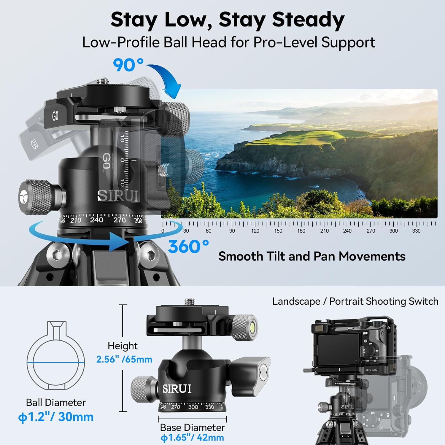 SIRUI Carbon Fiber Travel Tripod, 50" Compact Lightweight Backpack Tripod with Low Profile Ball Head with Quick Release Plate for Arca, 6 Mounting Points for Camera and Phone, AM-225S+G0 - Image 4