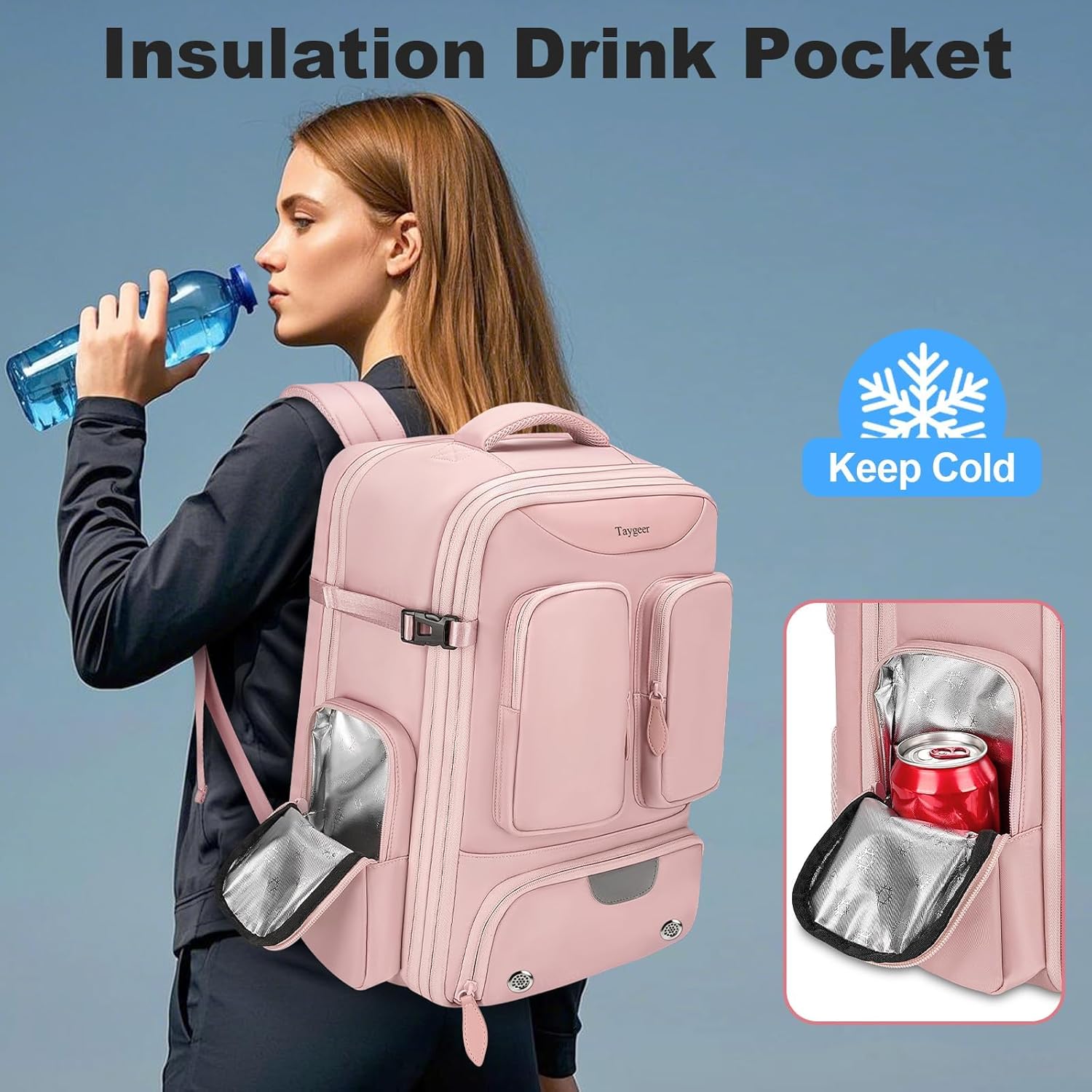 Taygeer Vacuum Backpack, Expandable Vacuum Seal Carry on Backpack with Rain Cover, 17'' laptop Compression Backpacks Travel with Shoe Compartment, TSA Approved Personal Item Compression Back Pack,Pink - Image 9
