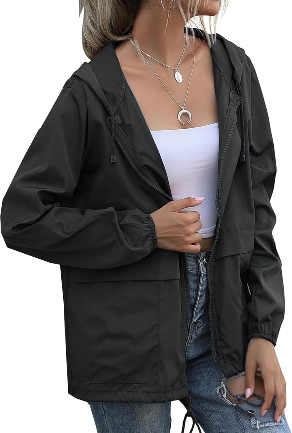 Women's Waterproof Raincoat Lightweight Rain Jacket Hooded Windbreaker with Pockets for Outdoor - Image 4
