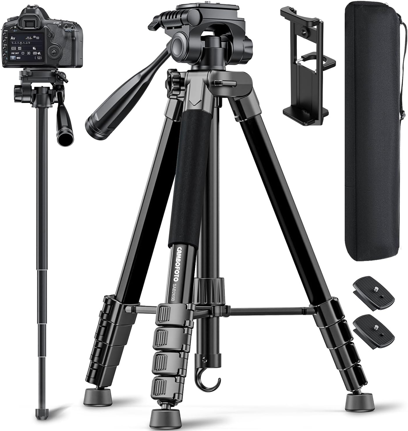 CAMBOFOTO 73" Camera Tripod and Monopod, Professional Aluminum Tripod Stand for Mirrorless Camera/DSLR/Cell Phone/Camcorder/GoPro, with Phone Holder and Travel Bag (Black) - Image 2