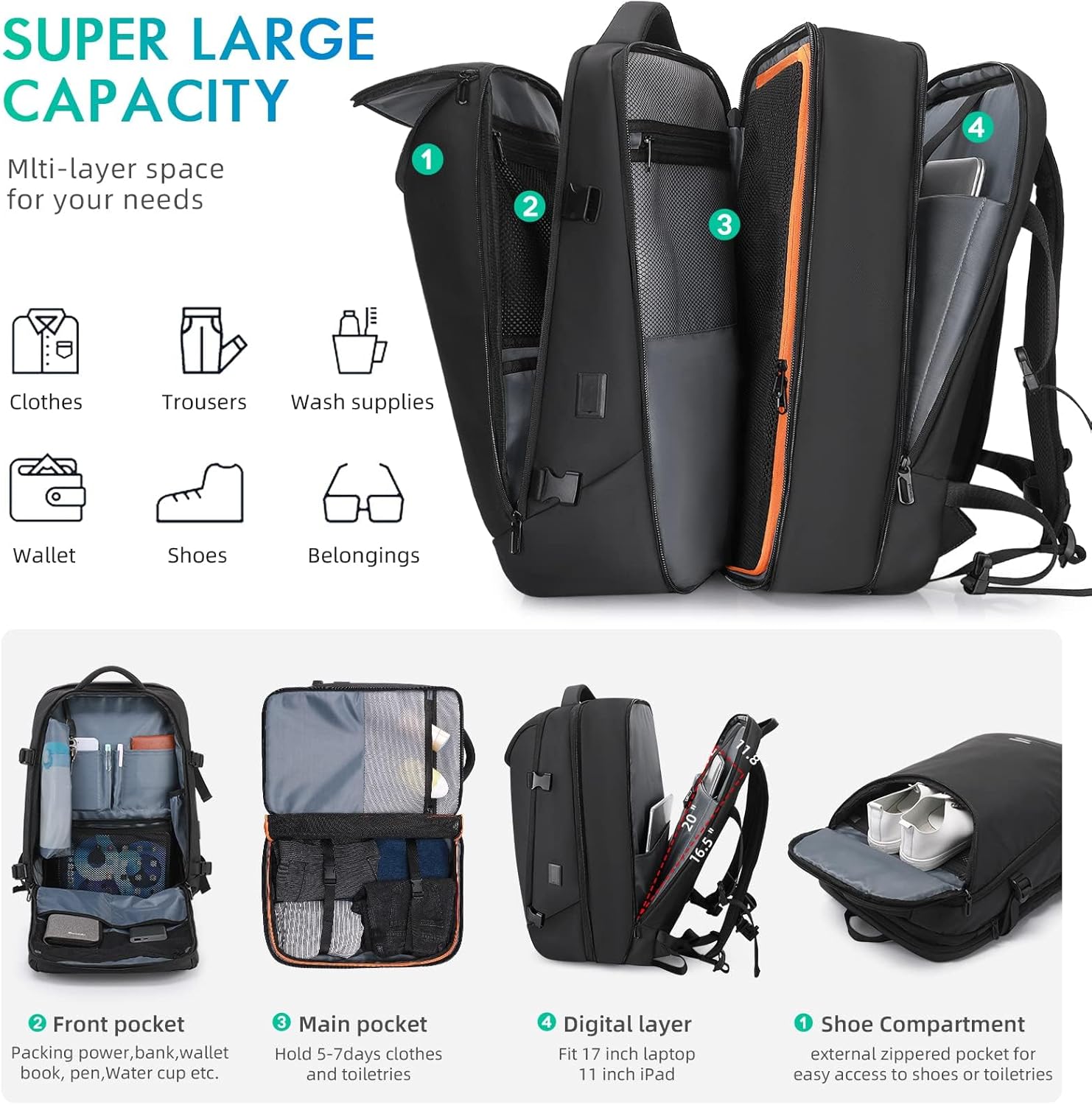 Travel Carry on Backpack 50L Expandable Flight Approved Backpacks 17.3 inch Laptop and USB Charging Port bags Water Resistant Business Back Pack for Women & Men - Image 4