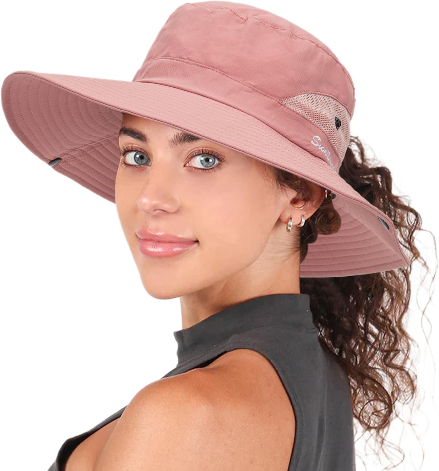 Womens Summer Sun Hat Beach Hat Wide Brim Outdoor UV Protection Hat Packable Mesh Bucket Hat with Ponytail Hole - Image 2