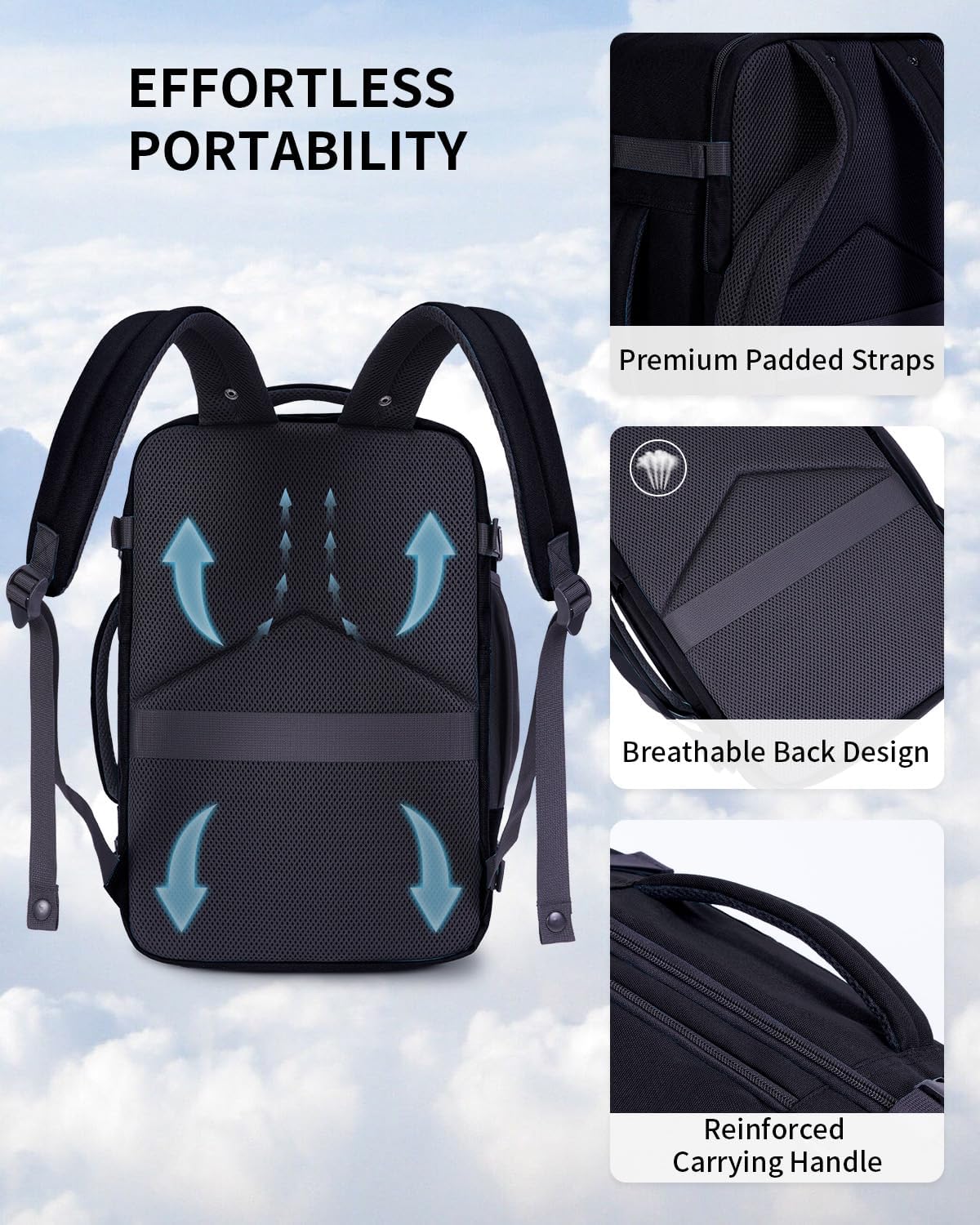 ECOHUB 17" Small Travel Backpack, United Airlines Personal Item Bag 17x10x9 with 16 Pockets, Water Resistant Rucksacks Fit 15.6" Laptop, AirTag Pocket, Lightweight Casual Daypack, 25L, Black - Image 6