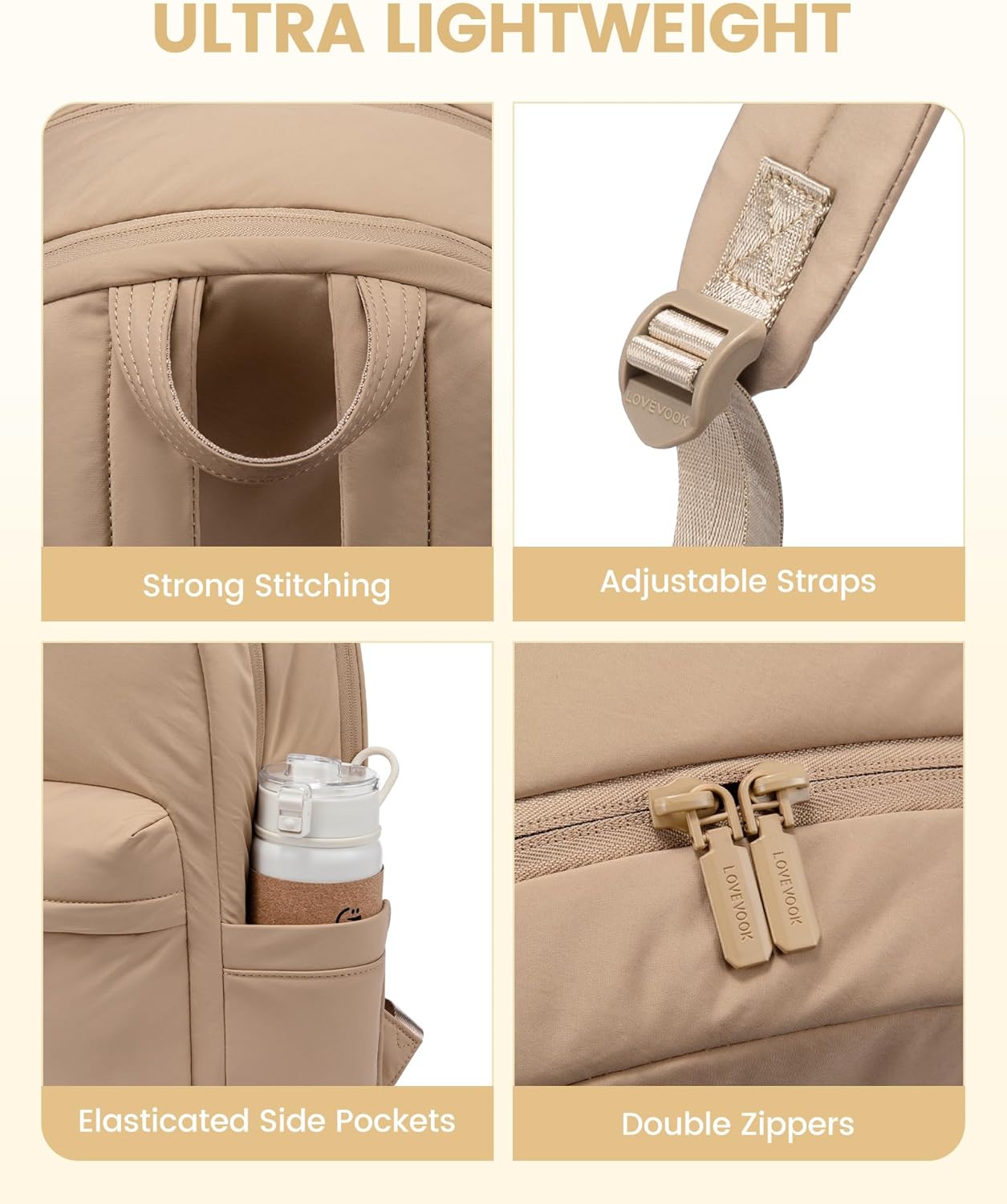 LOVEVOOK Puffer Computer Backpack for Women Girl Travel Work, Lightweight Quilted School Laptop Backpack Purse,Cute Bookbag Teacher Nurse Laptop Bag, Waterproof Student Casual Daypack,15.6 Inch,Khaki - Image 8