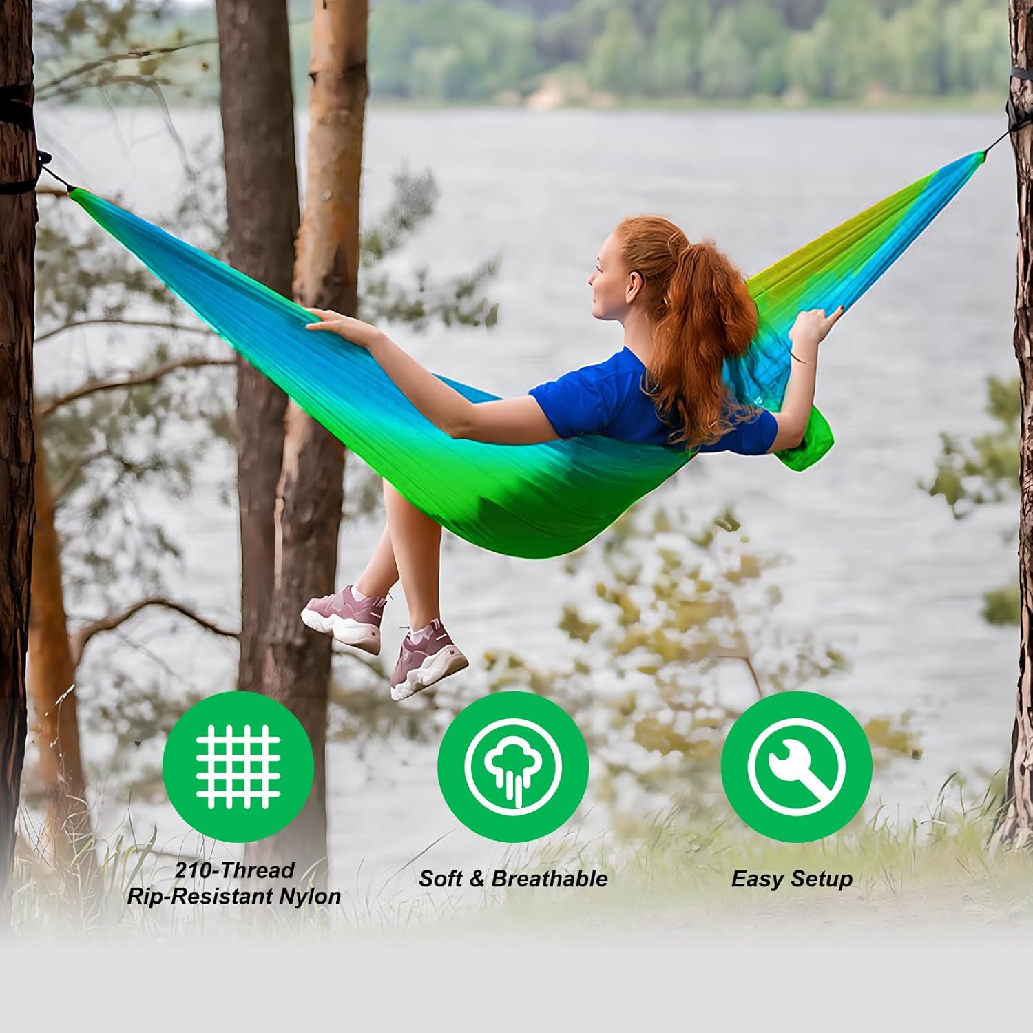 Camping Hammock,Lightweight Nylon Hammock,Portable Hammocks with Two Tree Ropes for Outdoor,Indoor,Travel,Hiking,Backyard,Camping - Image 3