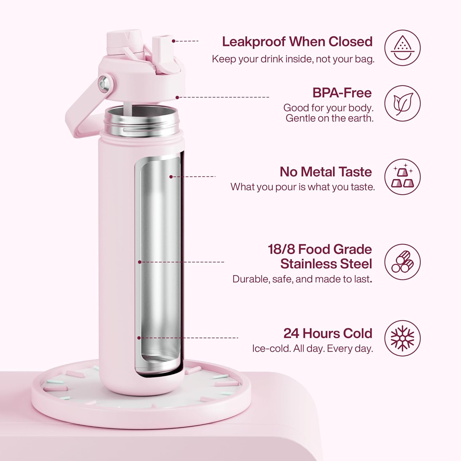 ENCOOL Insulated Water Bottle with Straw Stainless Steel Water Bottle, Leak-Proof, BPA-Free, Double Wall Vacuum Keeps Cold for 24 Hours for Sports, Travel, School (26 oz, Cotton Candy) - Image 3