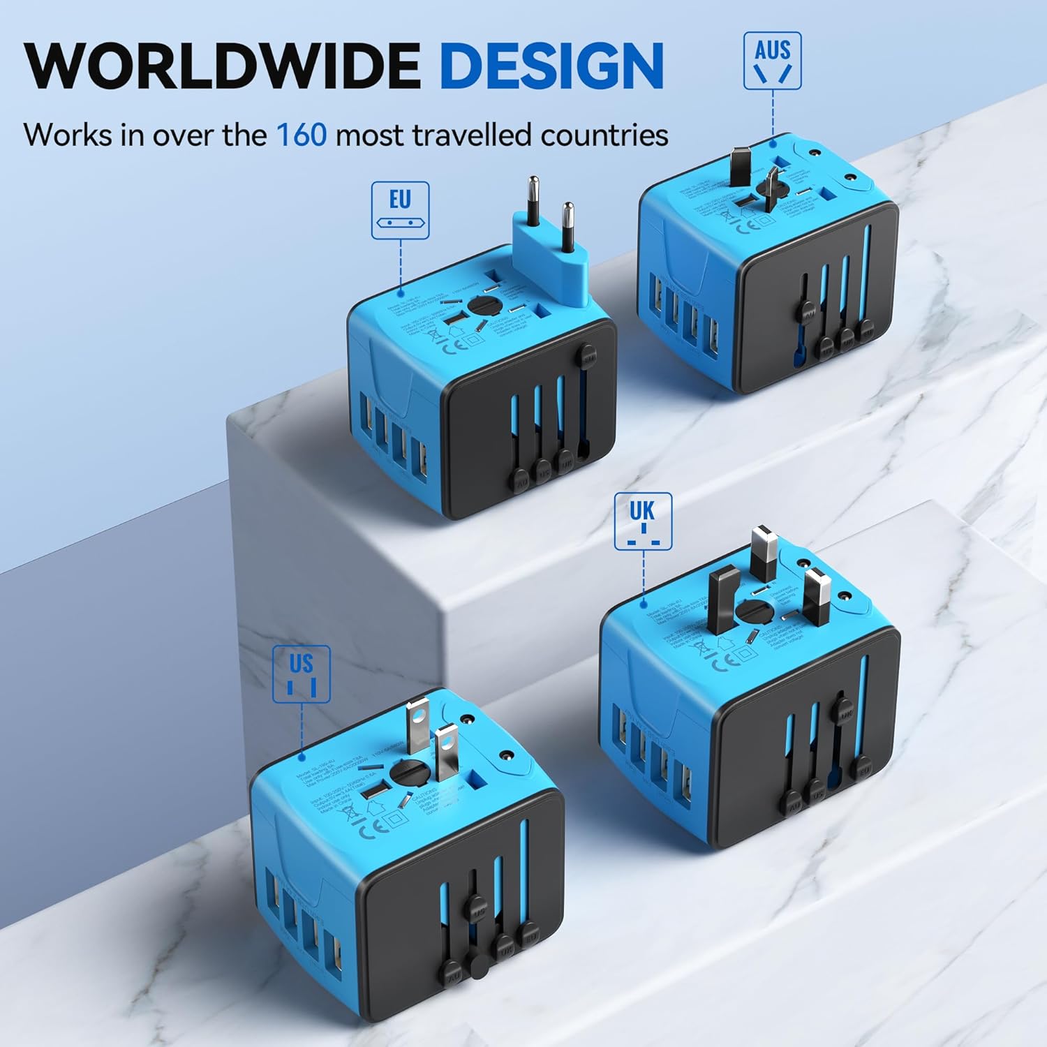 Unidapt Universal Travel Adapter, International Plug Adapter Fast 2,4A 4-USB European Power Plug, AC Wall Charger - Worldwide Outlet for Europe US USA UK EU AUS, Blue - Image 4