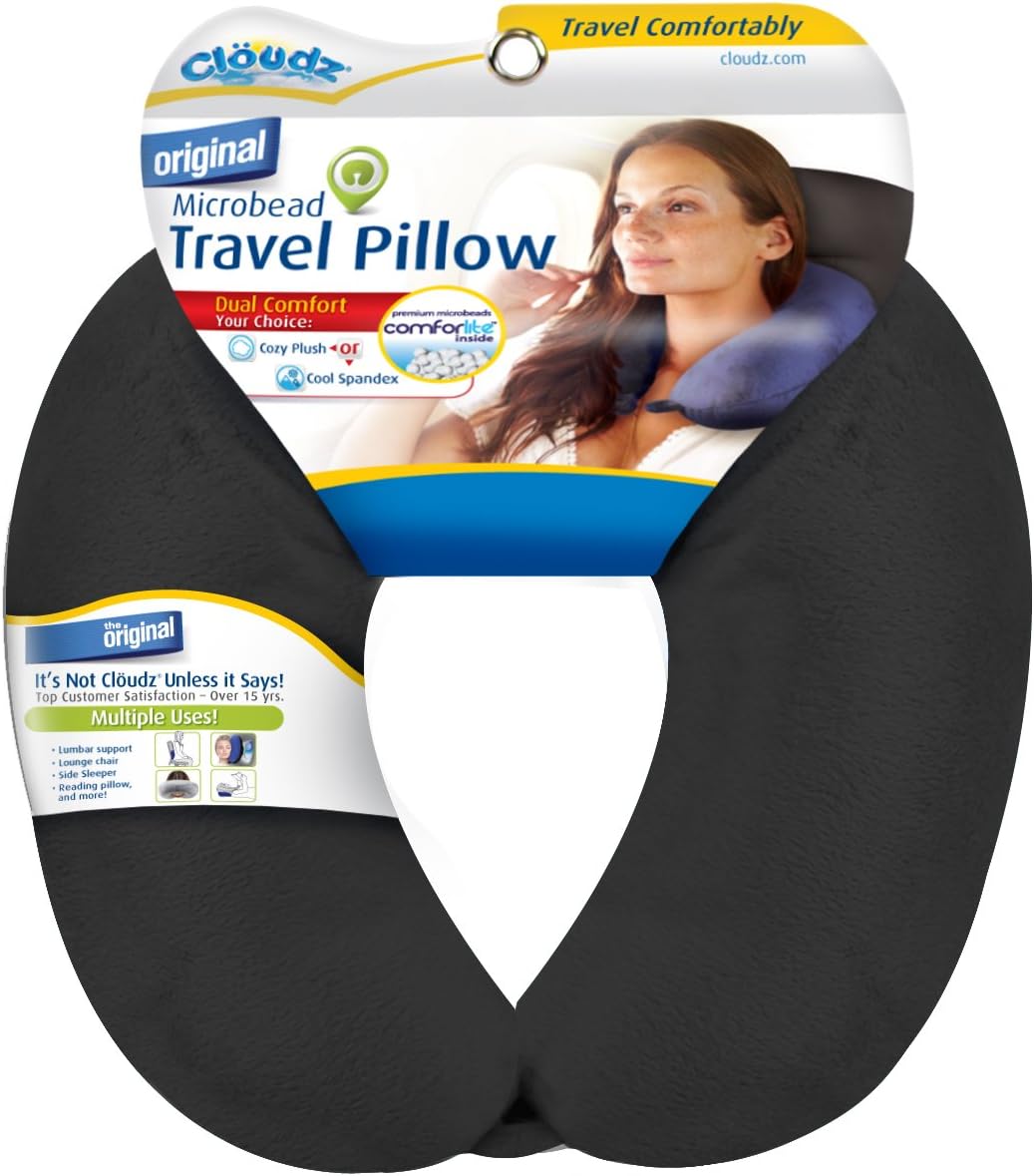 Cloudz Dual Comfort Microbead Airplane Travel Neck Pillow. Super Soft Cozy Plush Fabric on One Side, Cool Relaxing Spandex on the Other! Customize your Comfort and Support at Home or On the Go!-Black - Image 2
