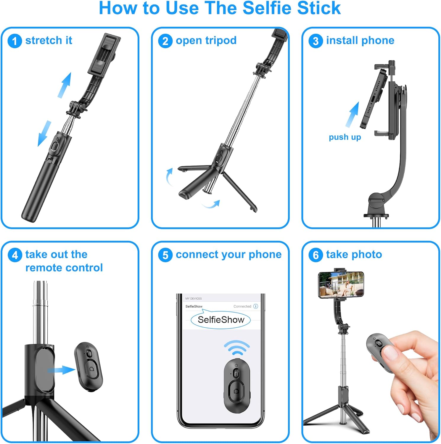 SelfieShow Selfie Stick, Extendable Selfie Stick Tripod with Wireless Remote and Tripod Stand, Portable, Lightweight, Compatible with iPhone 15 14 13 12 Pro Xs Max X 8Plus, Samsung Smartphone and More - Image 7
