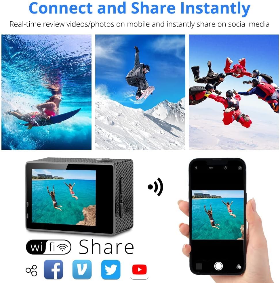 Dragon Touch Action Camera Vision 3 4K 20MP Underwater Waterproof Camera with Remote 170° Wide Angle WiFi Sports Cam with Mounting Accessories Kit - Image 7