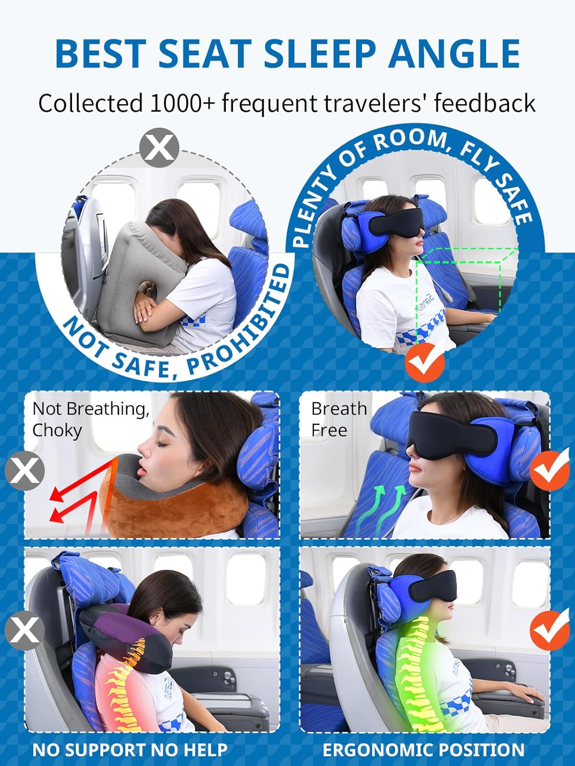 Travel Pillows for Airplanes, 360° Support Headrest Pillow with Eye Mask for Sleeping Long Flights, Travel Pillow for Car Road Trip, Car Headrest, Travel Accessories Stop Bobblehead, Black - Image 4