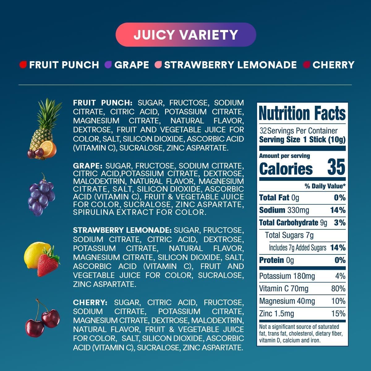 DripDrop Hydration Packets - Juicy Variety Pack - Single Serve Electrolytes Powder Drink Mix - Grape, Fruit Punch, Strawberry Lemonade, Cherry - Non-GMO, Gluten Free, Vegan - 32 Sticks - Image 9