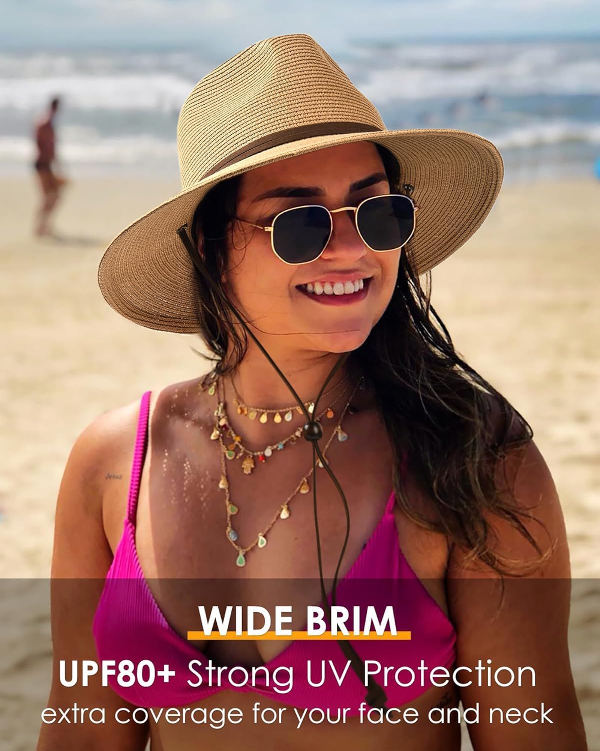 FURTALK Womens Summer Straw Sun Hats Wide Brim Panama Fedora Beach Hat with Wind Lanyard UPF 80+ - Image 6