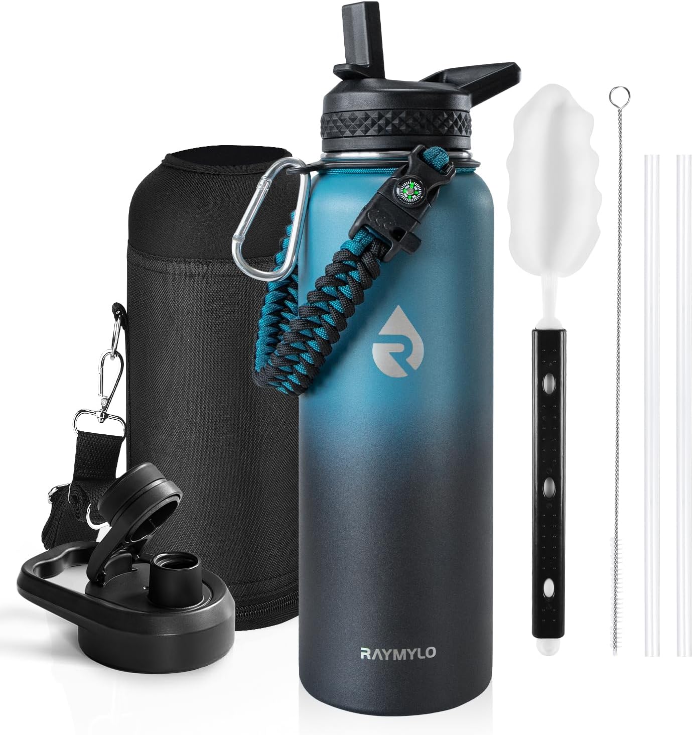 Insulated Water Bottle 40 oz, Triple Wall Vacuum Stainless Steel (Cold for 48 Hrs), Leak Proof & Non-BPA, Modern Water Flask Jug with Paracord Handle & Straw Spout Lids, Indigo/Black - Image 2