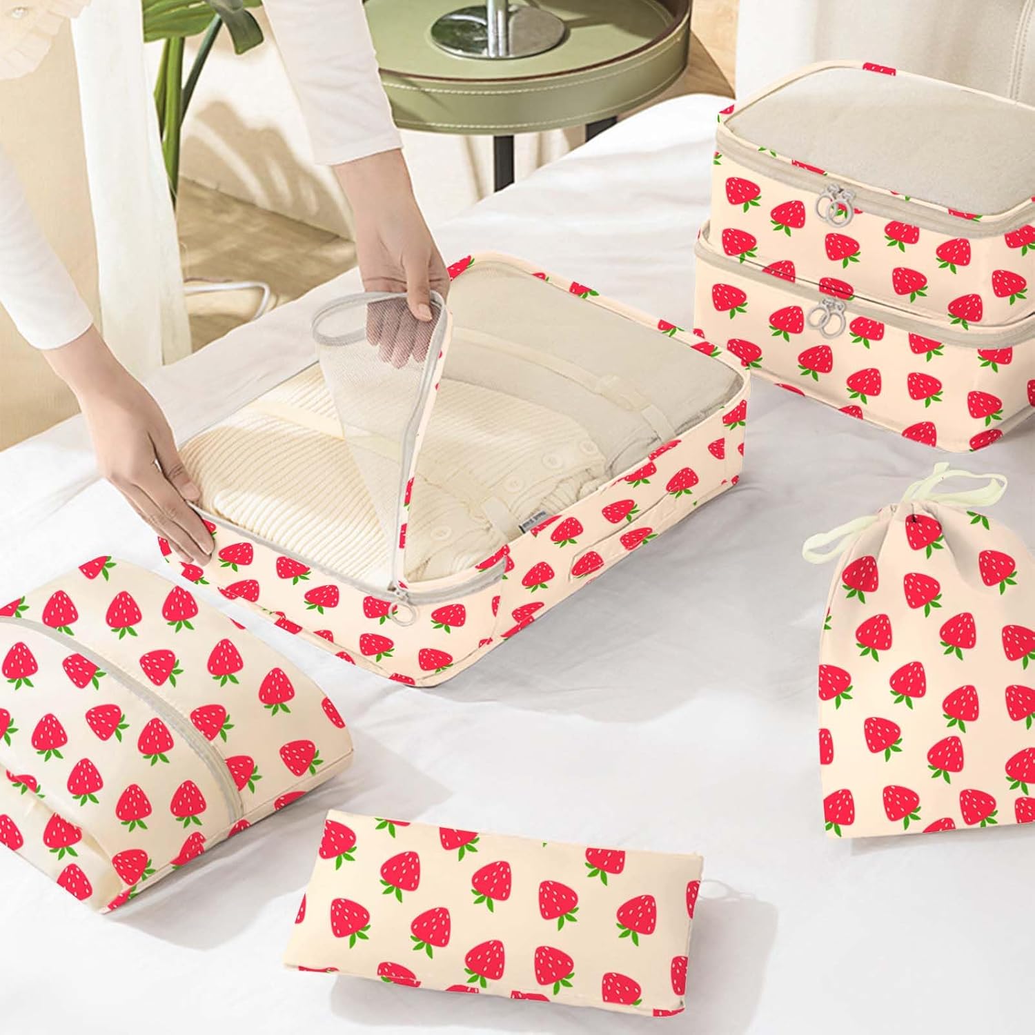 KPX 8 Set Packing Cubes for Travel, Luggage Packing Organizers Accessories Large Toiletries Bag for Clothes Shoes Cosmetics (Strawberry) - Image 7