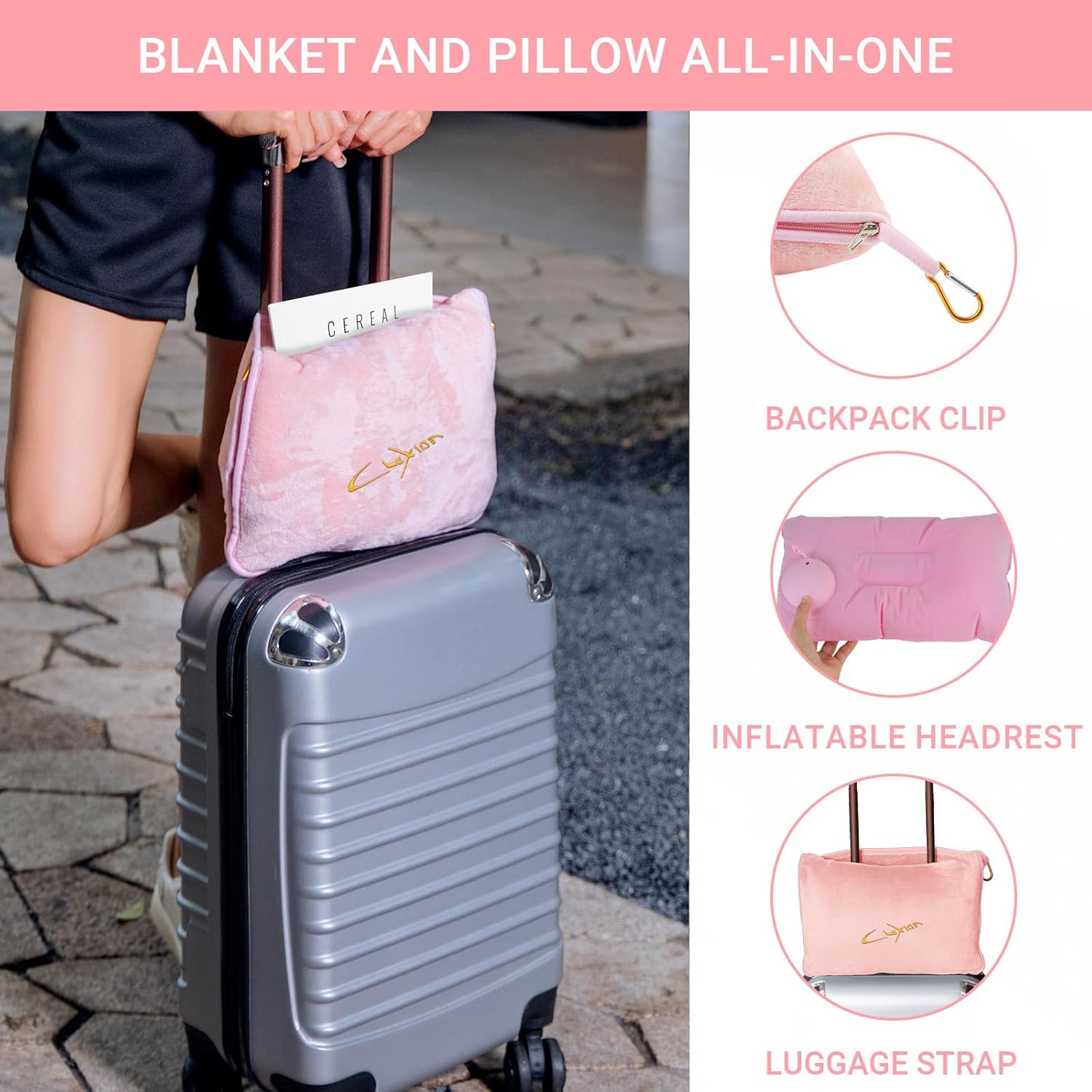 Travel Blanket & Pillow Set, 300 GSM Soft Fleece, 60x43 Inches, 3-in-1 Airplane Blanket, Travel Pillow and Blanket Set, Travel Blanket Airplane Compact with Bag, Travel Essentials, Pink - Image 4