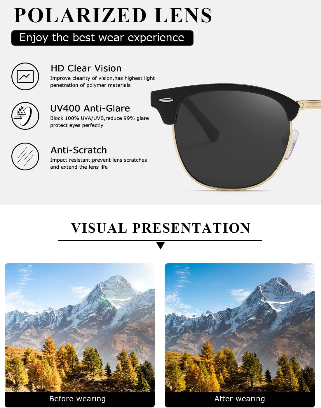 AEVOGUE Polarized Sunglasses For Women And Men Semi Rimless Frame Retro Sun Glasses AE0369 - Image 6