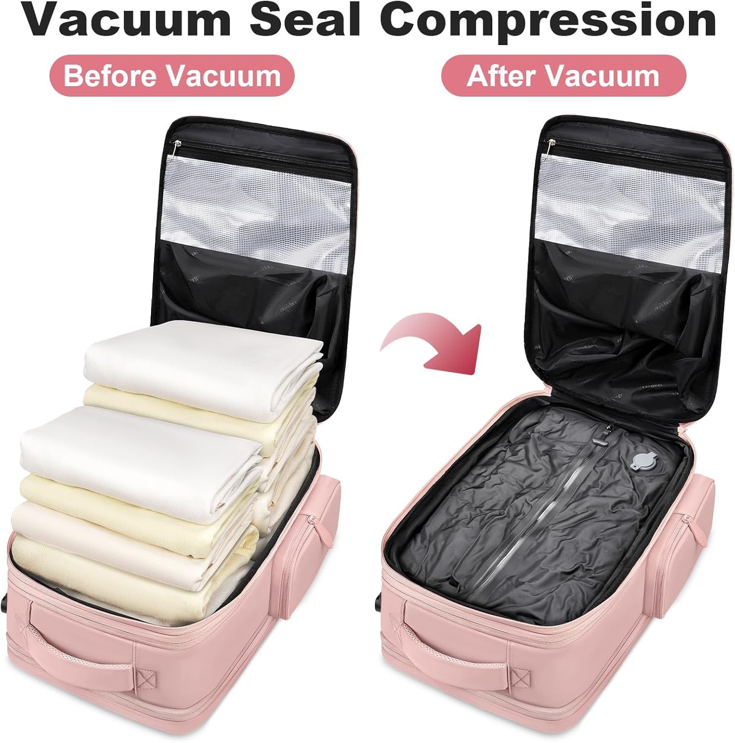 Taygeer Vacuum Backpack, Expandable Vacuum Seal Carry on Backpack with Rain Cover, 17'' laptop Compression Backpacks Travel with Shoe Compartment, TSA Approved Personal Item Compression Back Pack,Pink - Image 3