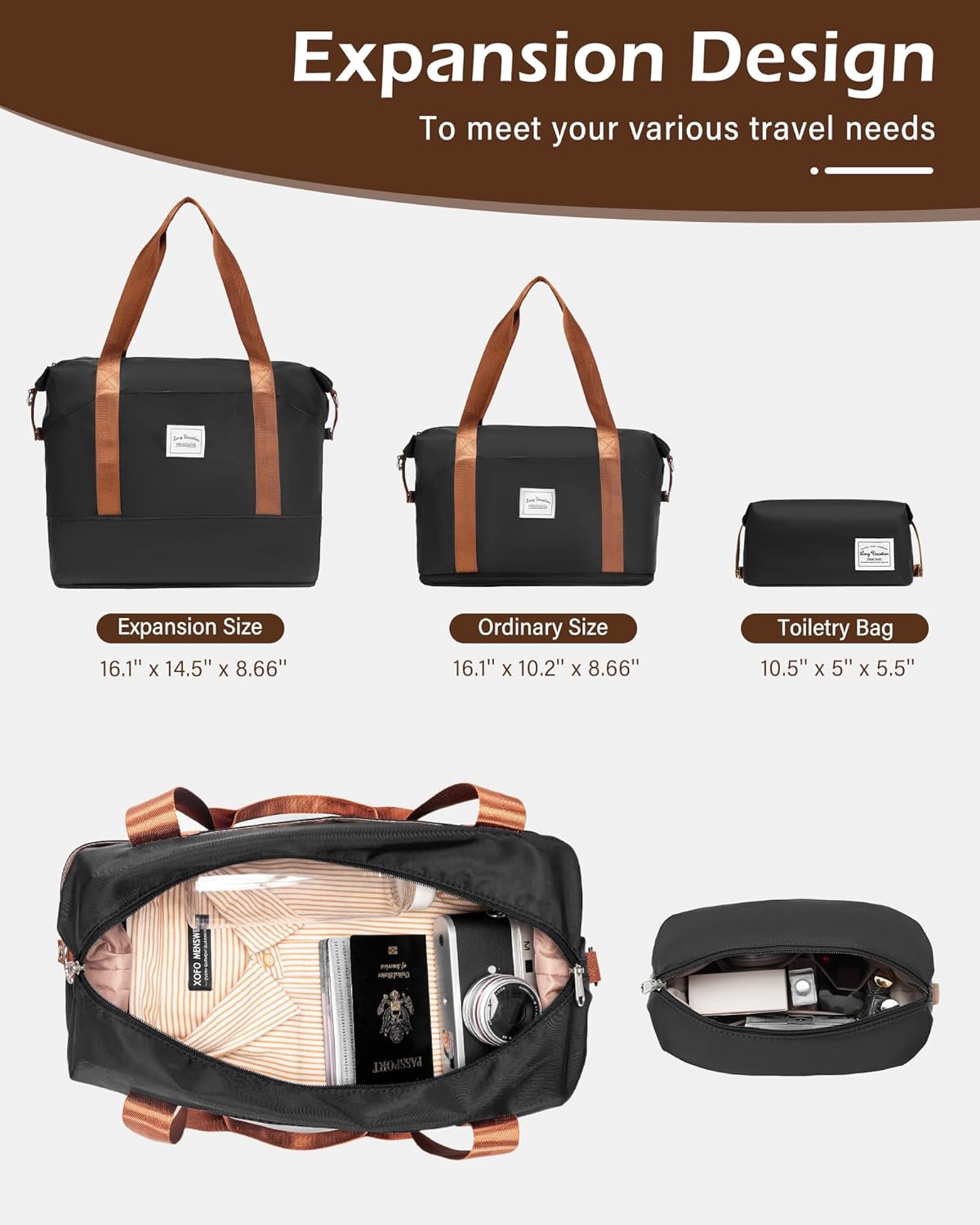 LONG VACATION 6 Piece Luggage Set Carry on Suitcase with ABS+PC hardshell, Spinner Wheels & YKK Zipper TSA Lock (BLACK-BROWN, 6 piece set) - Image 8