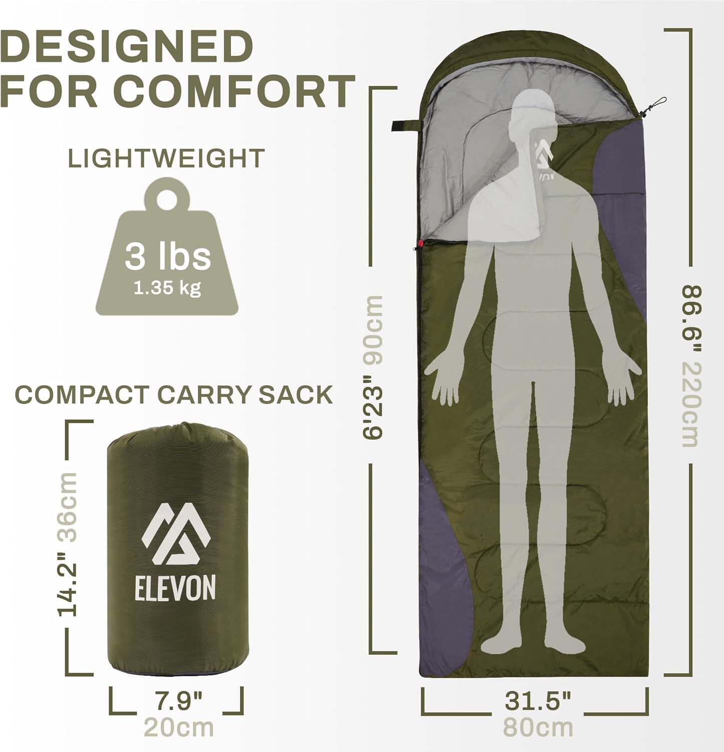 Elevon Sleeping Bag for Adults Teens Kids Cold Warm Weather, Portable Waterproof & Lightweight, Compact with Compression Sack, for 3-4 Seasons Camping, Backpacking, Hiking, Travel, Indoors Outdoors - Image 3