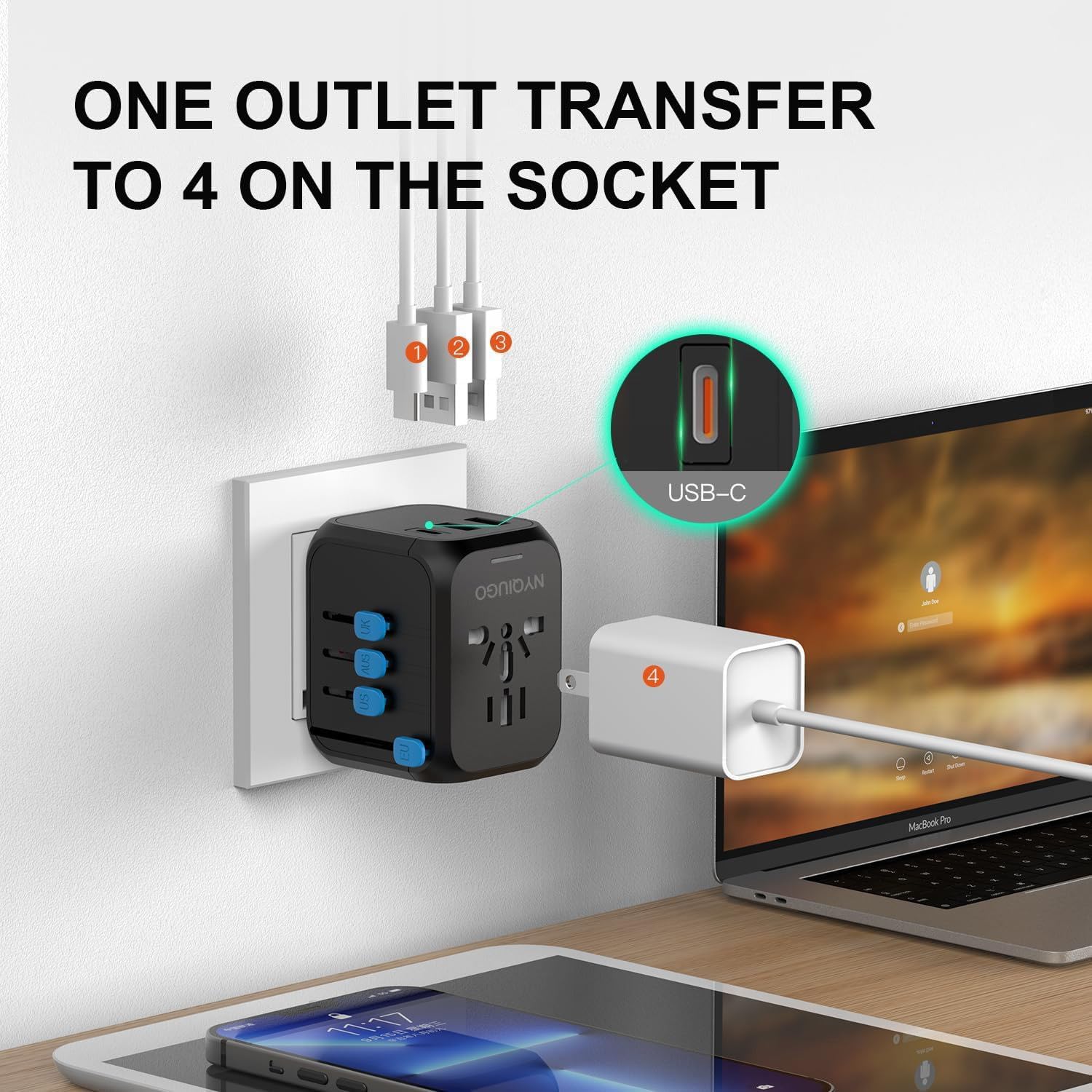 NYQIUGO Universal International Power Travel Plug Adapter with 3 USB Ports (1 USB C), Worldwide Plug Adaptor Wall Charger for USA to Europe UK France Germany Spain Ireland Australia (Type C/G/A/I) - Image 6