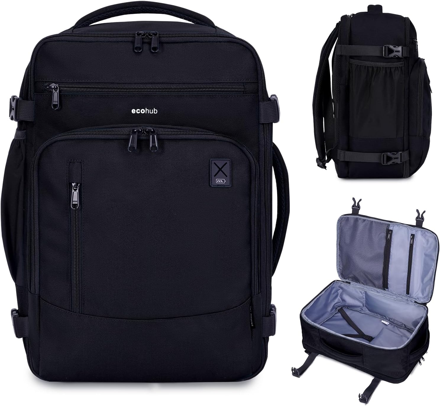 ECOHUB 17" Small Travel Backpack, United Airlines Personal Item Bag 17x10x9 with 16 Pockets, Water Resistant Rucksacks Fit 15.6" Laptop, AirTag Pocket, Lightweight Casual Daypack, 25L, Black - Image 2
