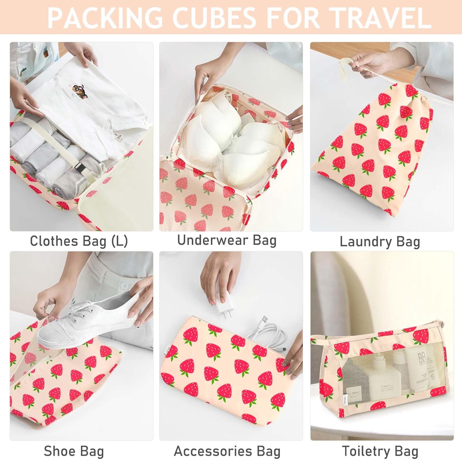 KPX 8 Set Packing Cubes for Travel, Luggage Packing Organizers Accessories Large Toiletries Bag for Clothes Shoes Cosmetics (Strawberry) - Image 5