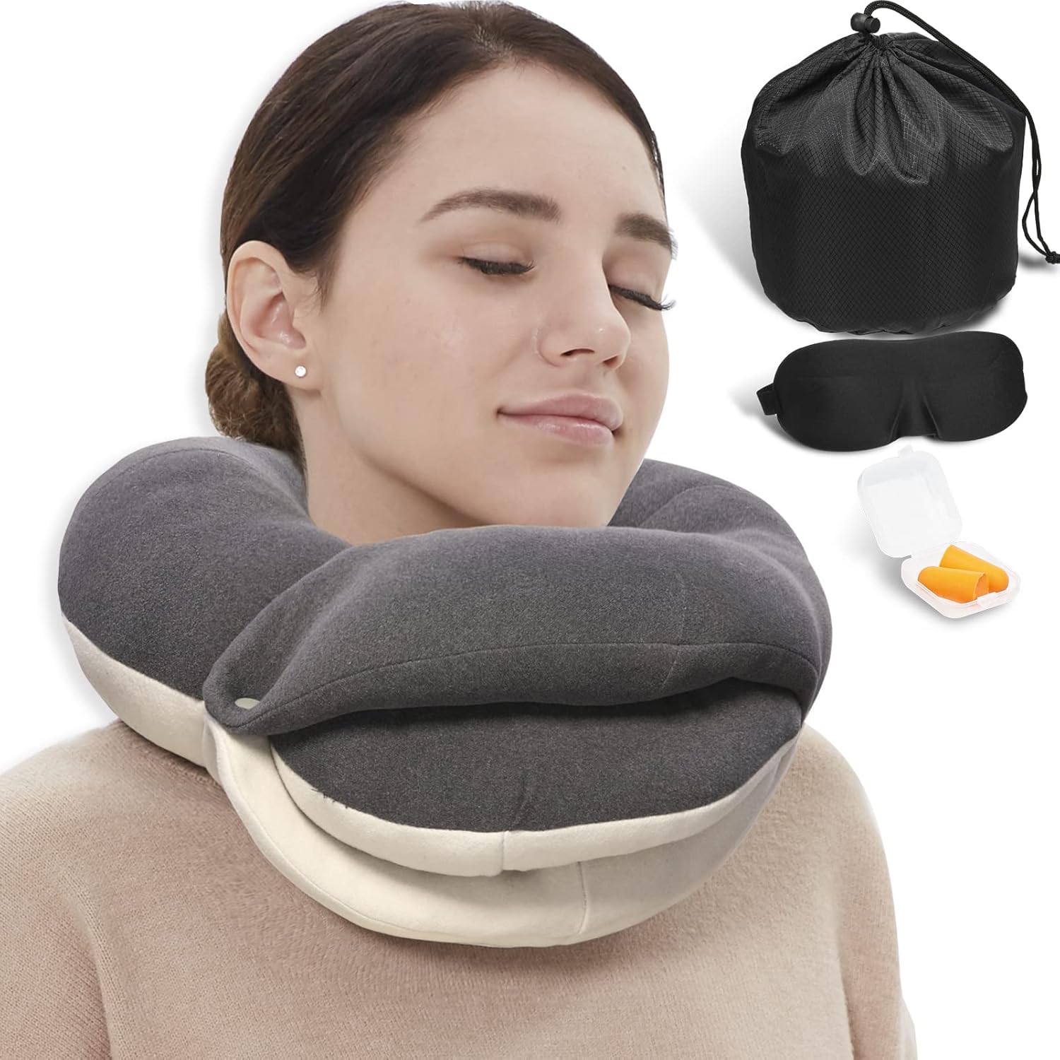 BUYUE Travel Neck Pillows for Airplanes, 360° Head Support Sleep for Long Flight, Skin-Friendly & Breathable, Kit with 3D Contoured Eye Mask, Earplugs and Storage Bag (Adult, Grey, 90+ lbs) - Image 2