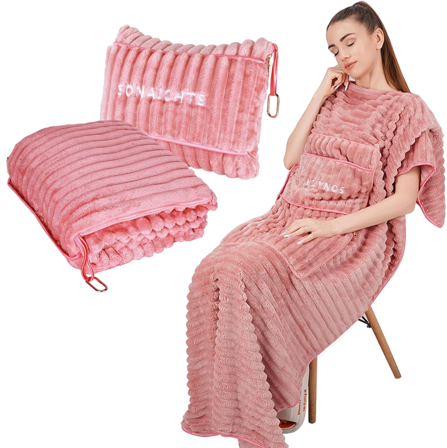 Travel Pillow and Blanket Set Travel Blanket Airplane Compact with Bag Travel Blanket Airplane Travel Essentials Car Blankets for Adults (Light Pink) - Image 2