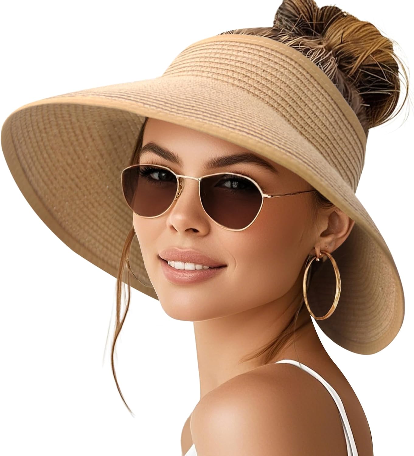 NPQQUAN Sun Visor Hats for Women Wide Brim Ponytail Straw Beach Hat Packable Foldable UPF 50+ Floppy Travel Hats - Image 2
