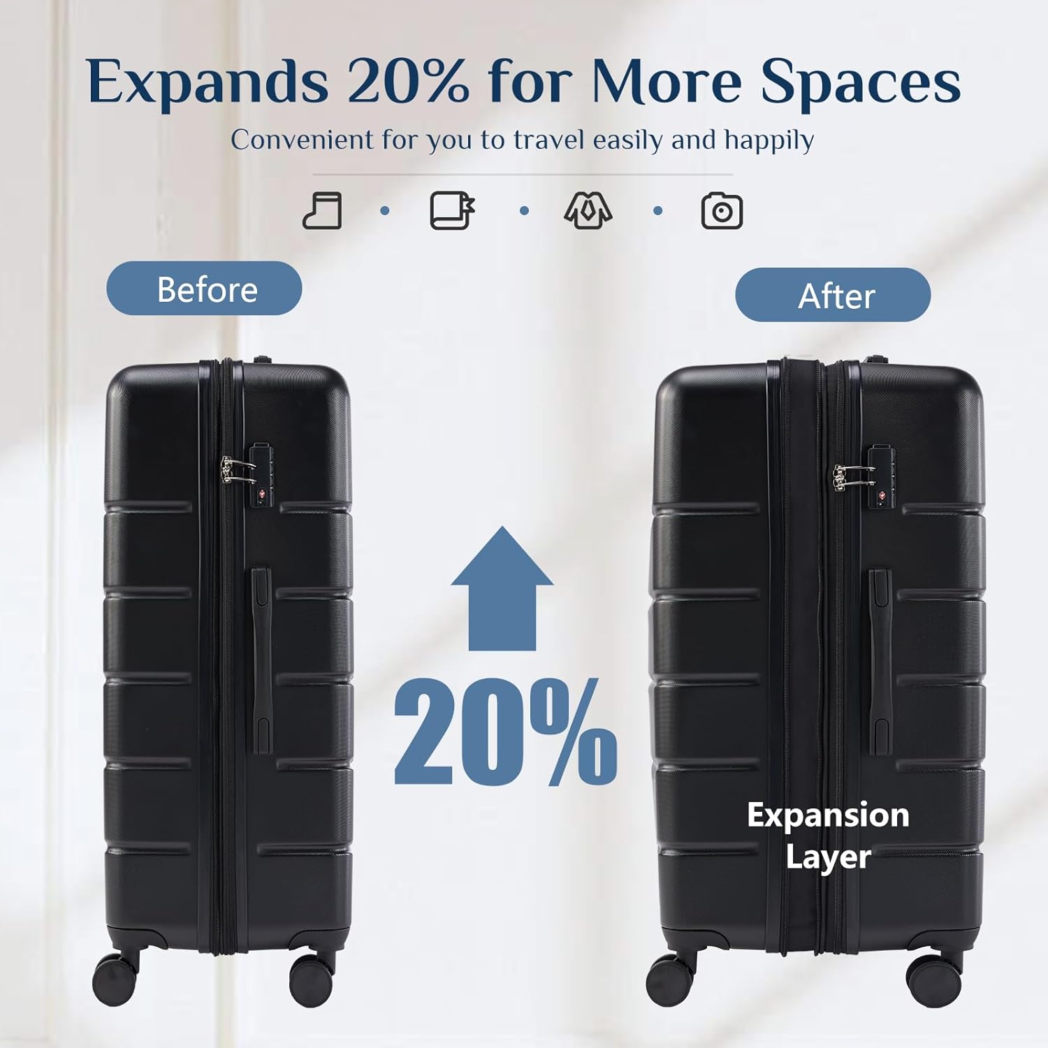 DUMOS Hardside Suitcases with Spinner Wheels, Black, 20/24/28IN - Image 4