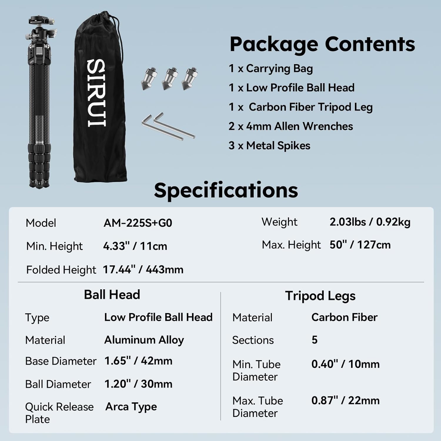SIRUI Carbon Fiber Travel Tripod, 50" Compact Lightweight Backpack Tripod with Low Profile Ball Head with Quick Release Plate for Arca, 6 Mounting Points for Camera and Phone, AM-225S+G0 - Image 10