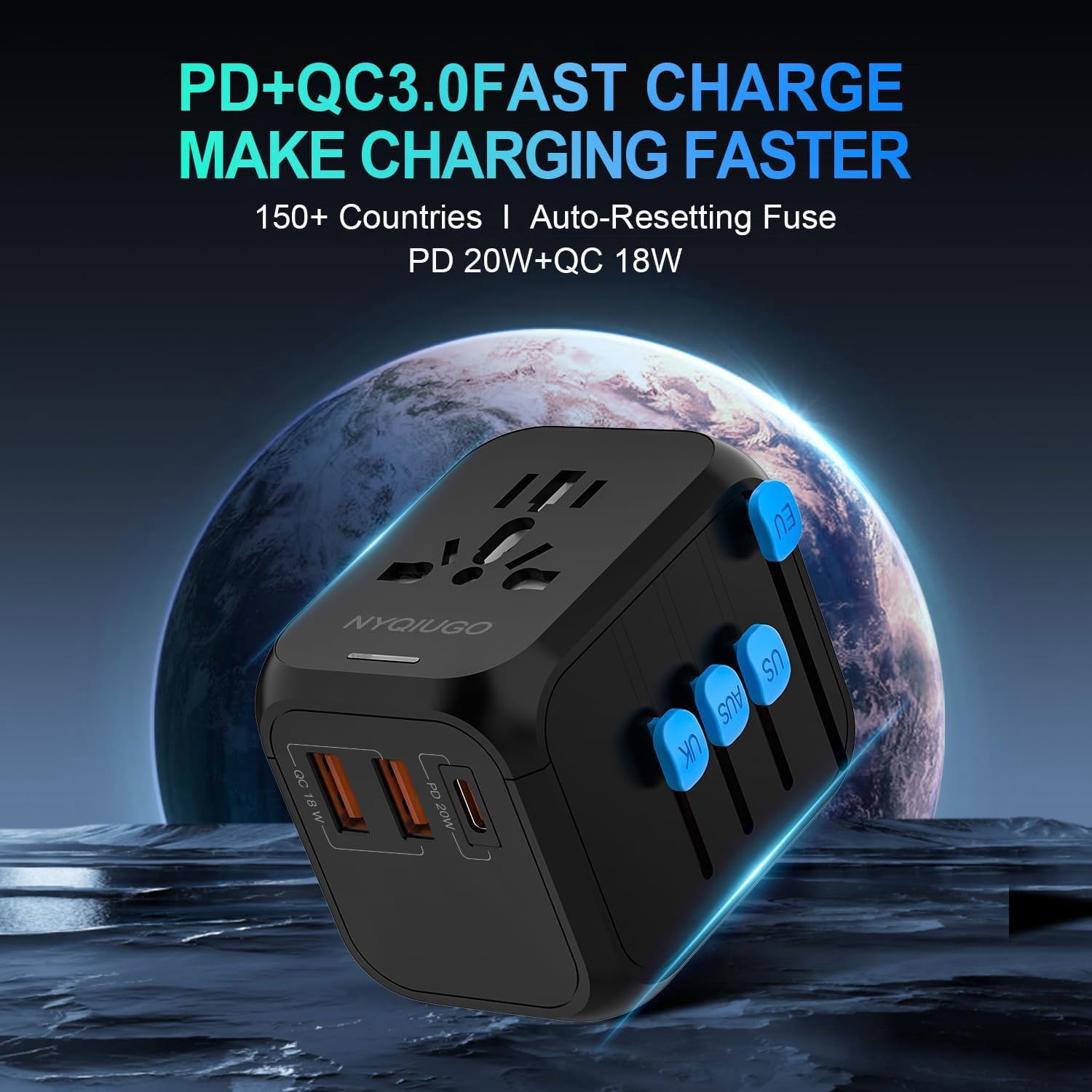 NYQIUGO Universal International Power Travel Plug Adapter with 3 USB Ports (1 USB C), Worldwide Plug Adaptor Wall Charger for USA to Europe UK France Germany Spain Ireland Australia (Type C/G/A/I) - Image 3