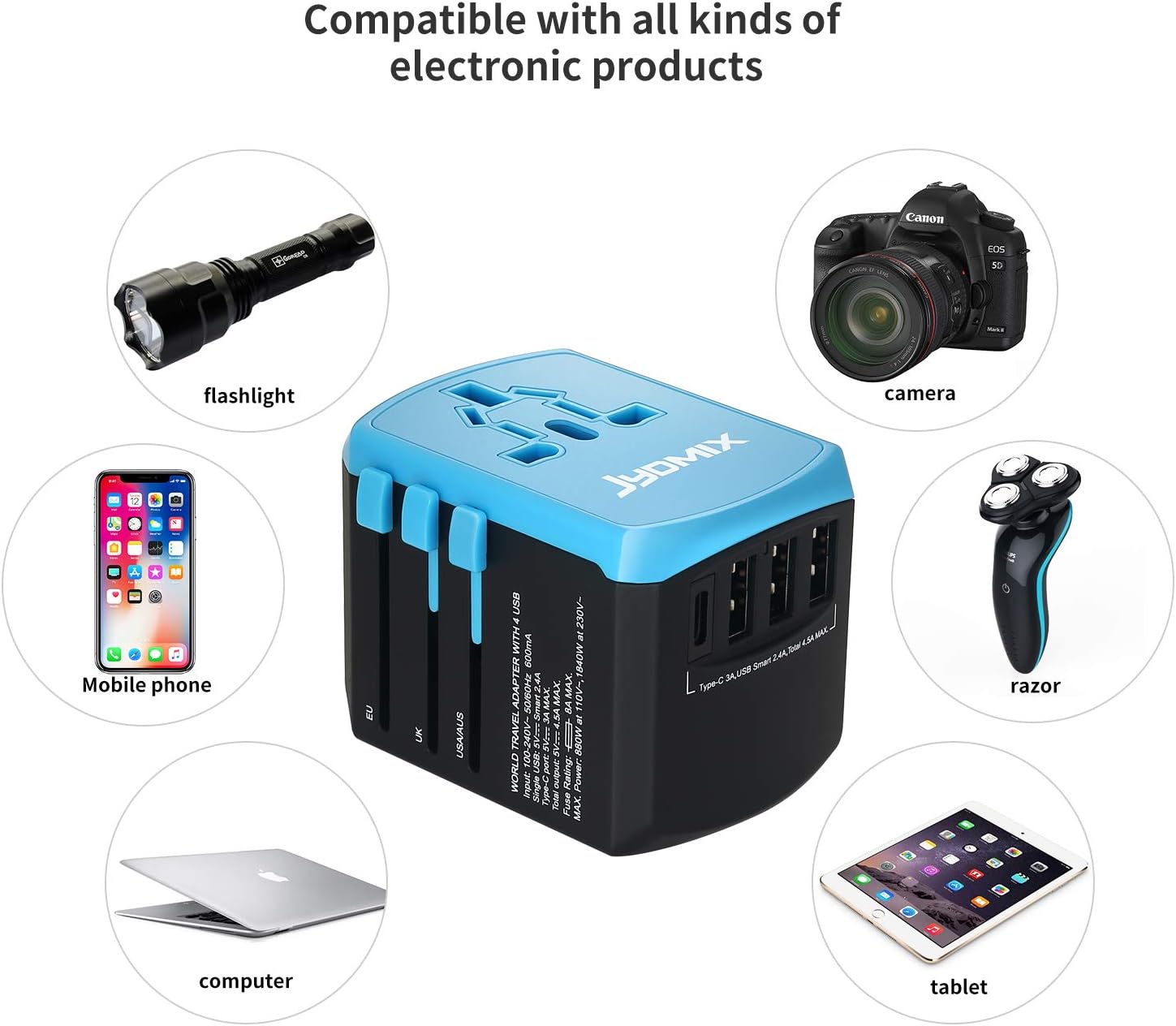 All in One Universal USB Travel Power Adapter with 3 USB Port and Type-C International Wall Charger Worldwide AC Power Plug 8 Pin AC Socket for Multi-Nation Travel UK, EU, AU, Asia - Image 5