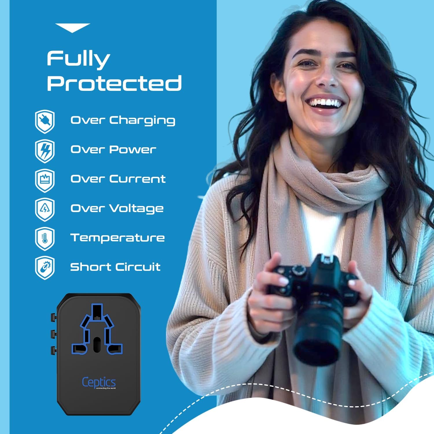 Ceptics International Power Adapter, World Travel adapter w/ PD 30W USB-C - 2 USB-A Ports Universal Adapter, Type A C G I Output for worldwide use, UP-10KU - Image 10