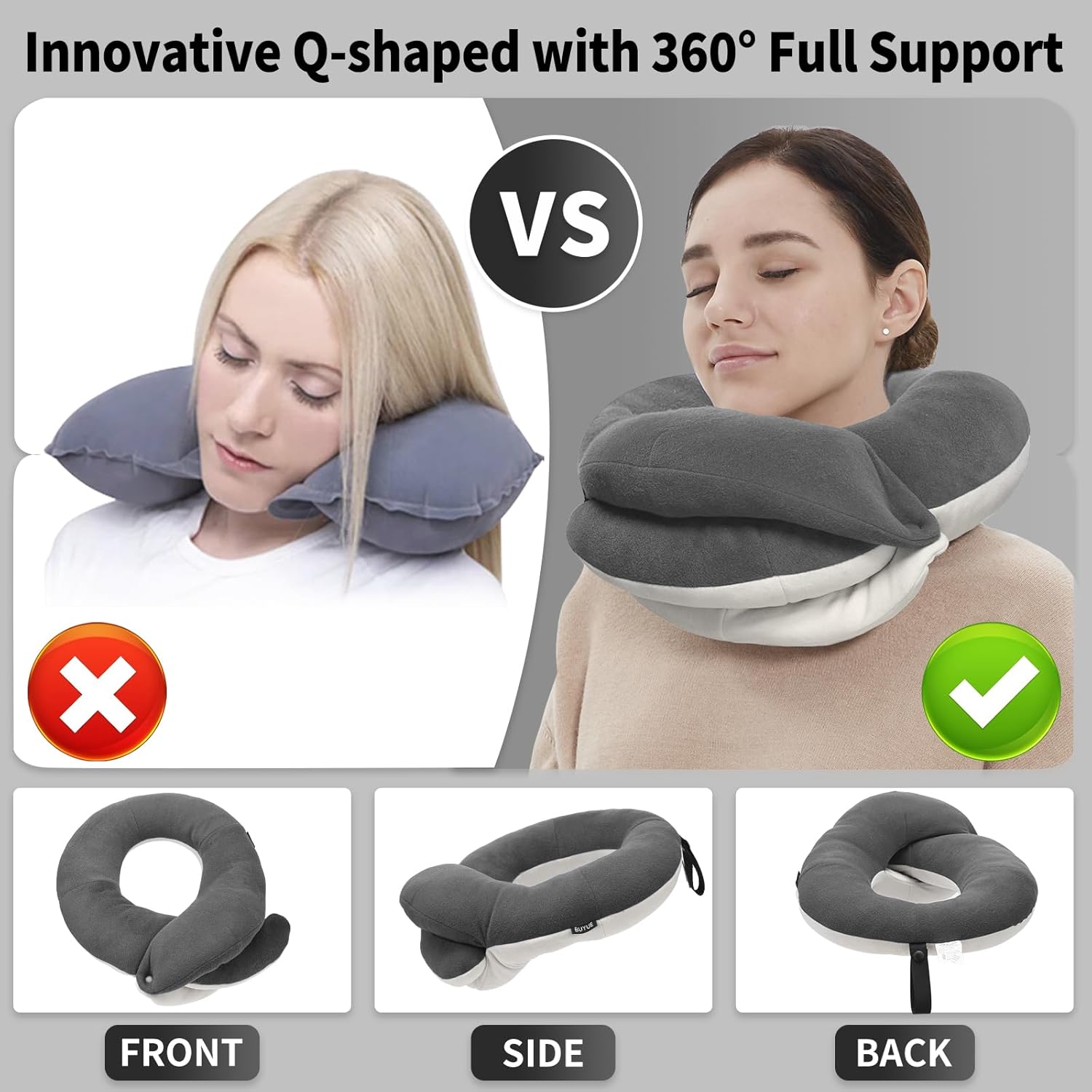 BUYUE Travel Neck Pillows for Airplanes, 360° Head Support Sleep for Long Flight, Skin-Friendly & Breathable, Kit with 3D Contoured Eye Mask, Earplugs and Storage Bag (Adult, Grey, 90+ lbs) - Image 4