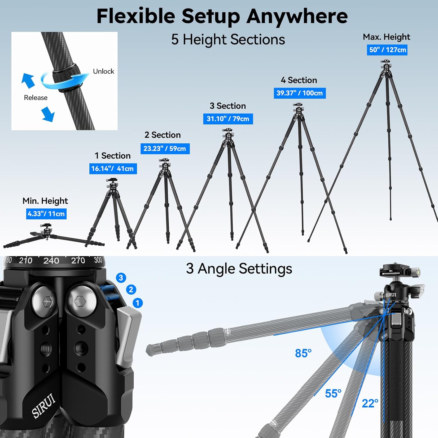 SIRUI Carbon Fiber Travel Tripod, 50" Compact Lightweight Backpack Tripod with Low Profile Ball Head with Quick Release Plate for Arca, 6 Mounting Points for Camera and Phone, AM-225S+G0 - Image 6