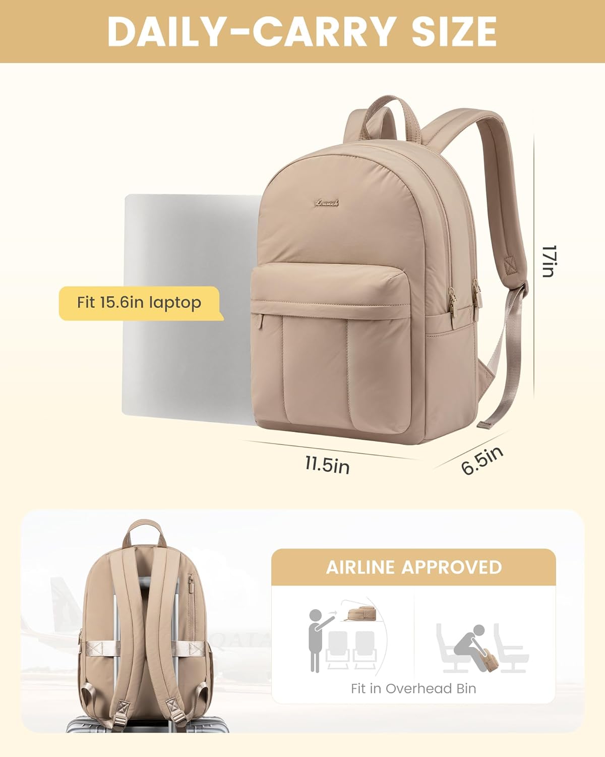 LOVEVOOK Puffer Computer Backpack for Women Girl Travel Work, Lightweight Quilted School Laptop Backpack Purse,Cute Bookbag Teacher Nurse Laptop Bag, Waterproof Student Casual Daypack,15.6 Inch,Khaki - Image 6