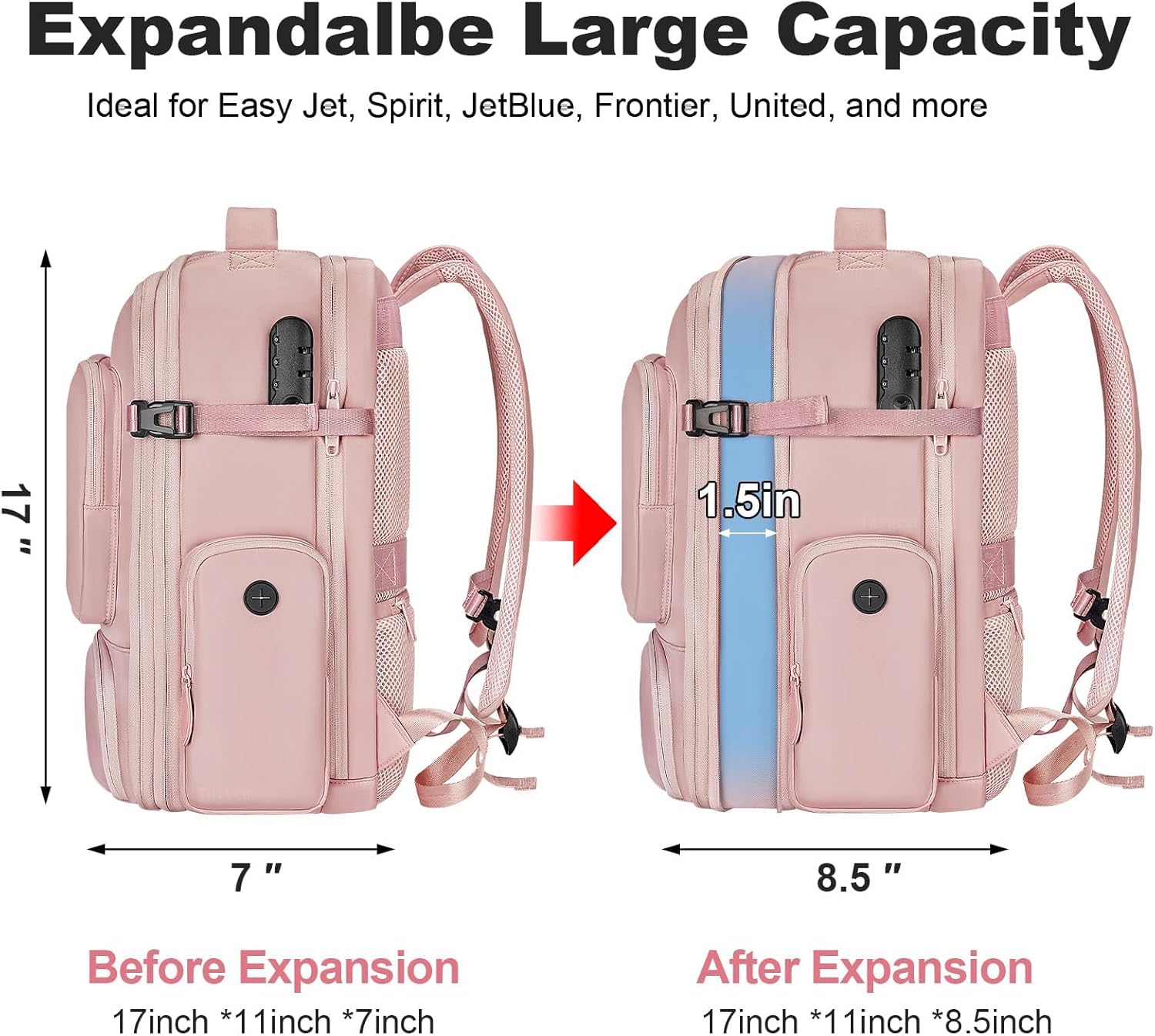 Taygeer Vacuum Backpack, Expandable Vacuum Seal Carry on Backpack with Rain Cover, 17'' laptop Compression Backpacks Travel with Shoe Compartment, TSA Approved Personal Item Compression Back Pack,Pink - Image 4