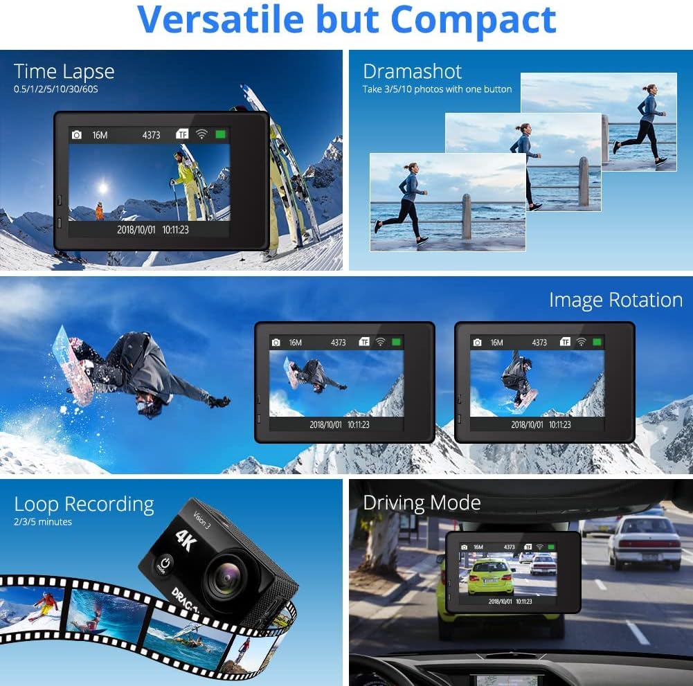 Dragon Touch Action Camera Vision 3 4K 20MP Underwater Waterproof Camera with Remote 170° Wide Angle WiFi Sports Cam with Mounting Accessories Kit - Image 6
