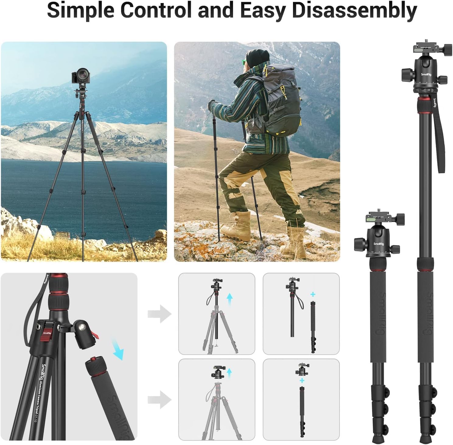 SmallRig Camera Tripod, 71" Foldable Aluminum Tripod/Monopod, 360°Ball Head Detachable, Payload 33lb, Adjustable Height from 16" to 71" for Camera, Phone - Image 7